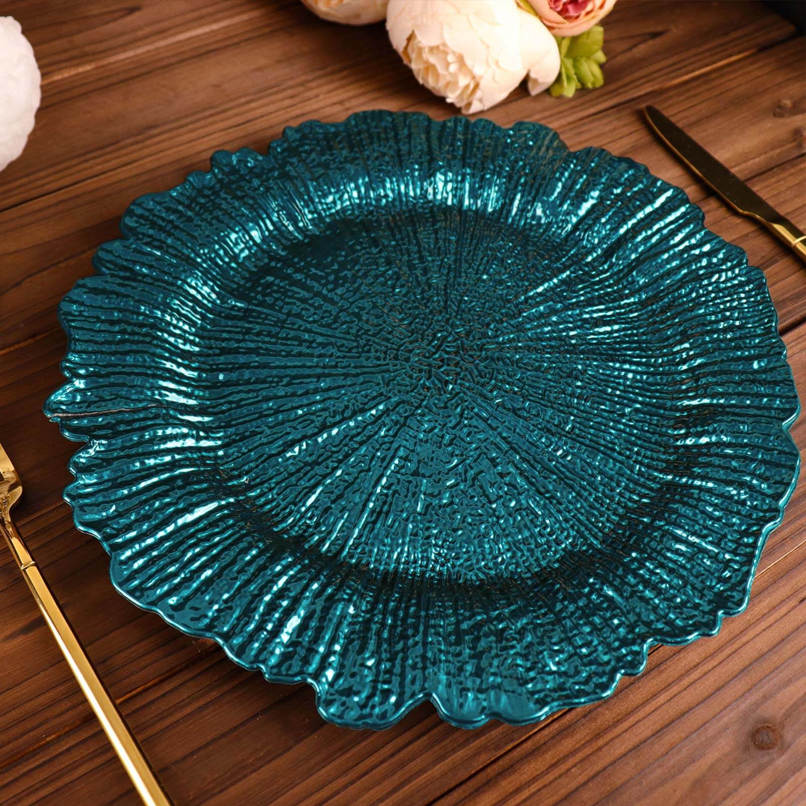 6-Pack Acrylic Plastic Round Charger Plates 13" in Peacock Teal with Reef Design, Dinner Charger Tableware