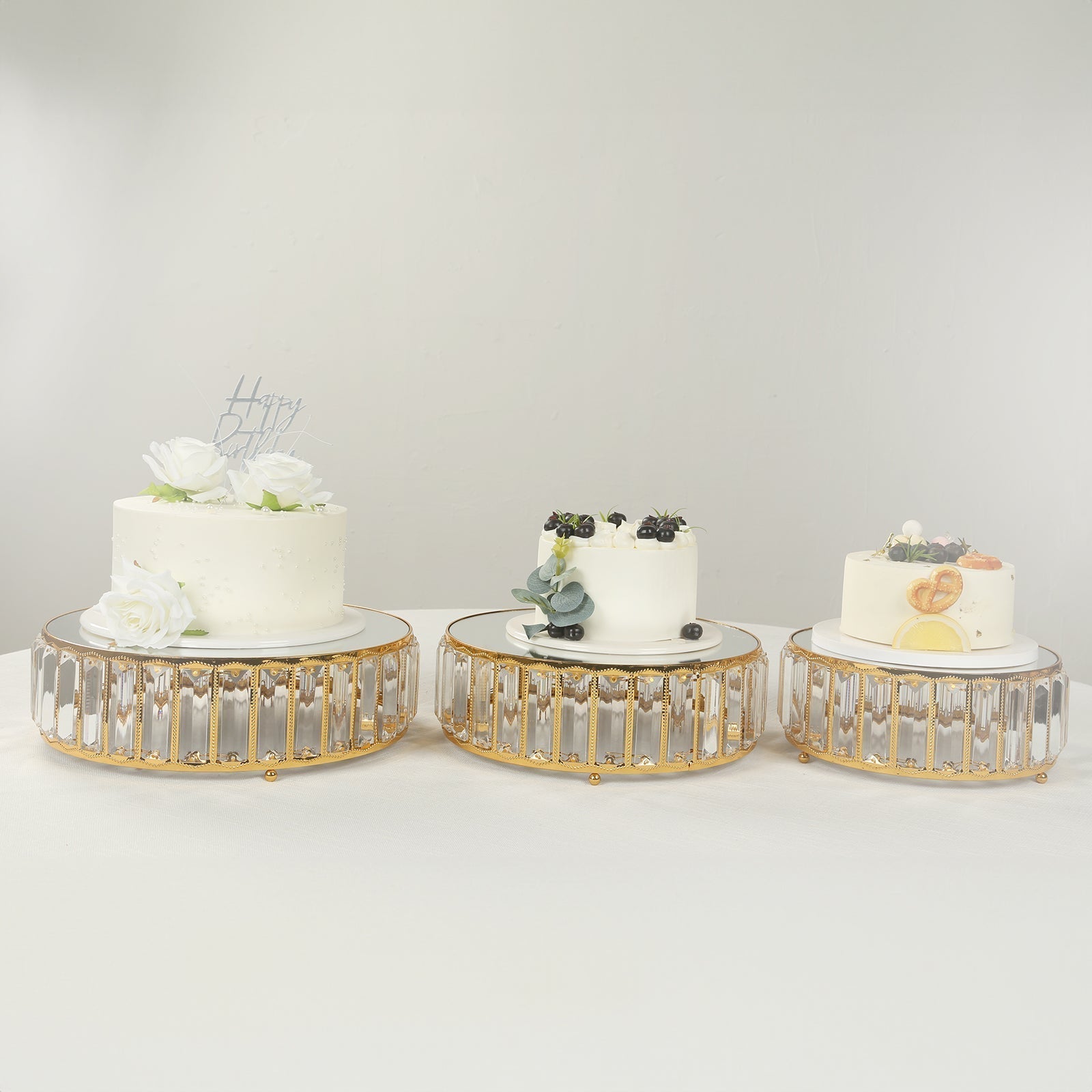 Set of 3 Gold Metal Crystal Pendant Cake Stands with Mirror Top, Stackable Round Dessert Display Trays - 9",11",12"