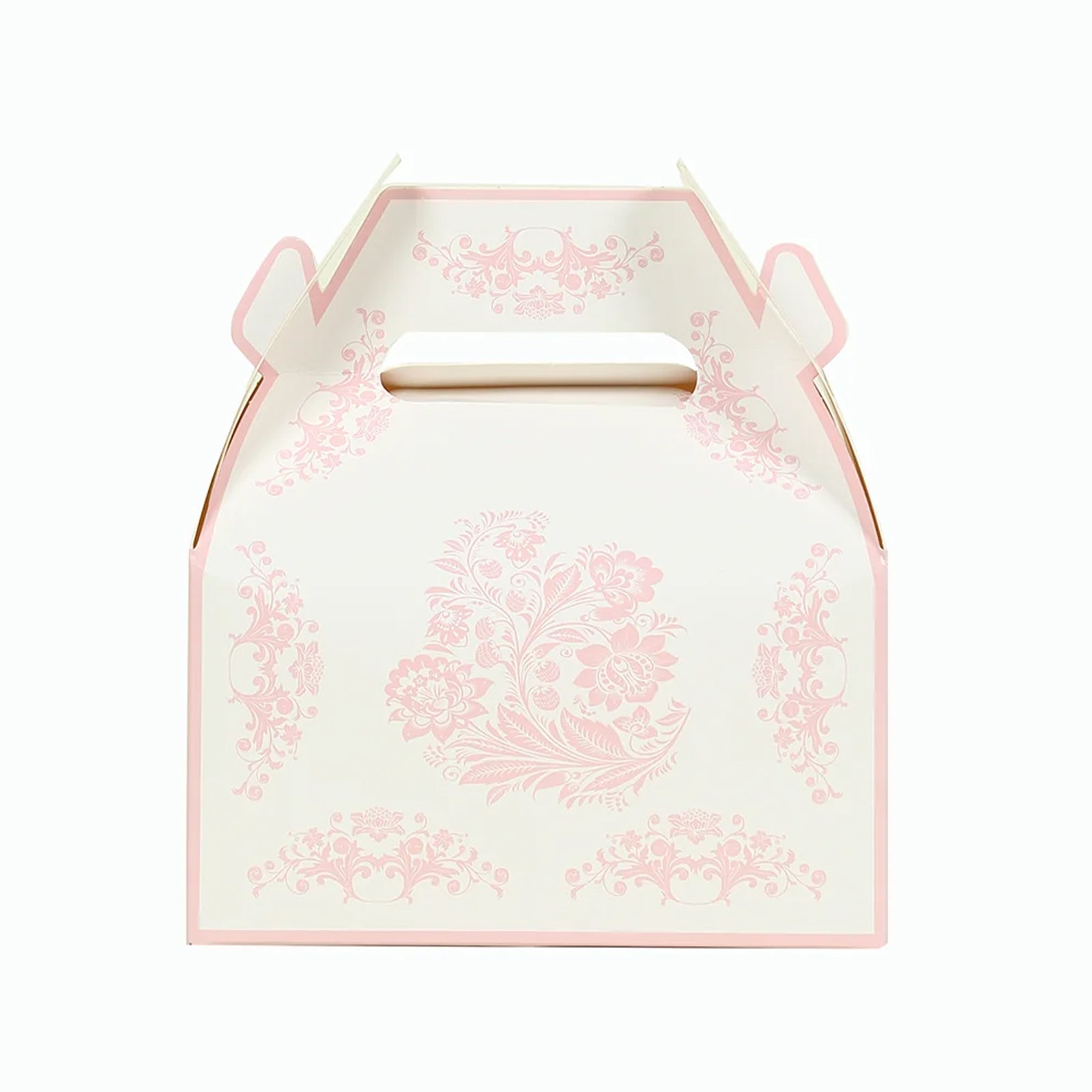 25 Pack White Pink Candy Gift Tote Gable Boxes in Damask Floral Pattern, Party Favor Treat Boxes - 6"x3.5"x7"