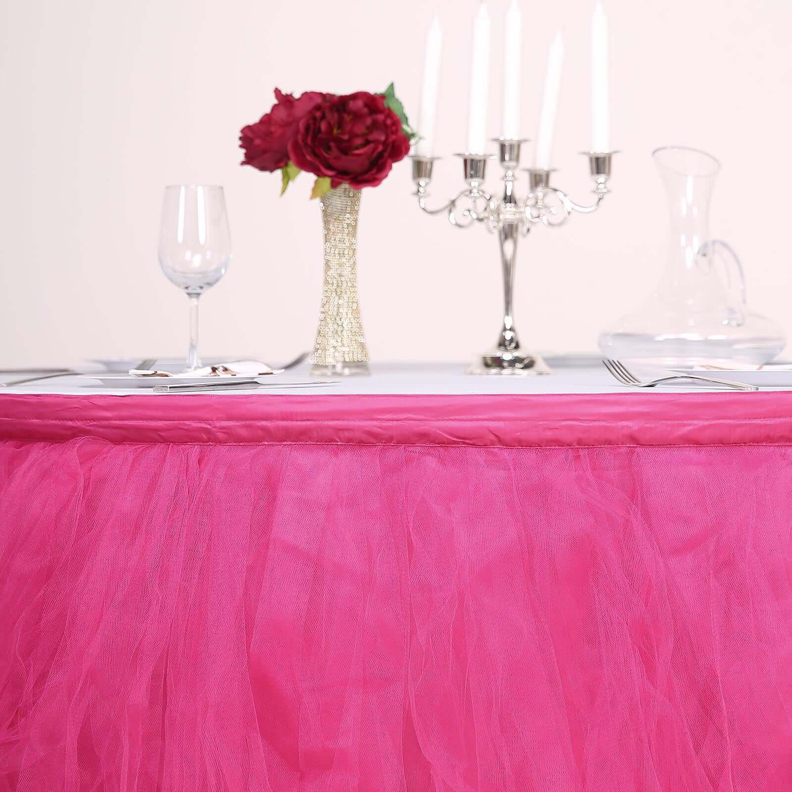 Tulle 14ft Table Skirt Fuchsia - 4 Layer Pleated Tutu Table Cover