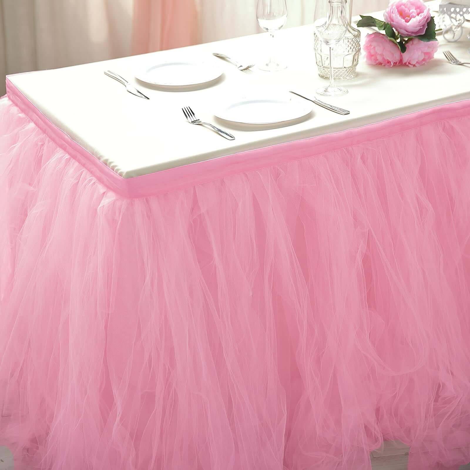 Tulle 21ft Table Skirt Pink/Rose Quartz - 4 Layer Pleated Tutu Table Cover