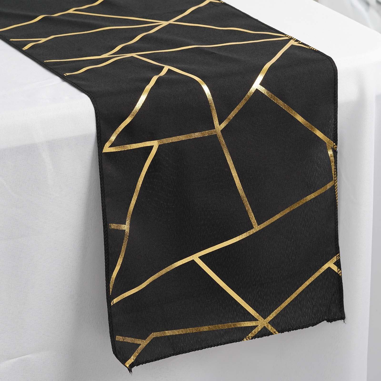 Polyester 9ft Table Runner Black with Gold Foil Modern Geometric Accent