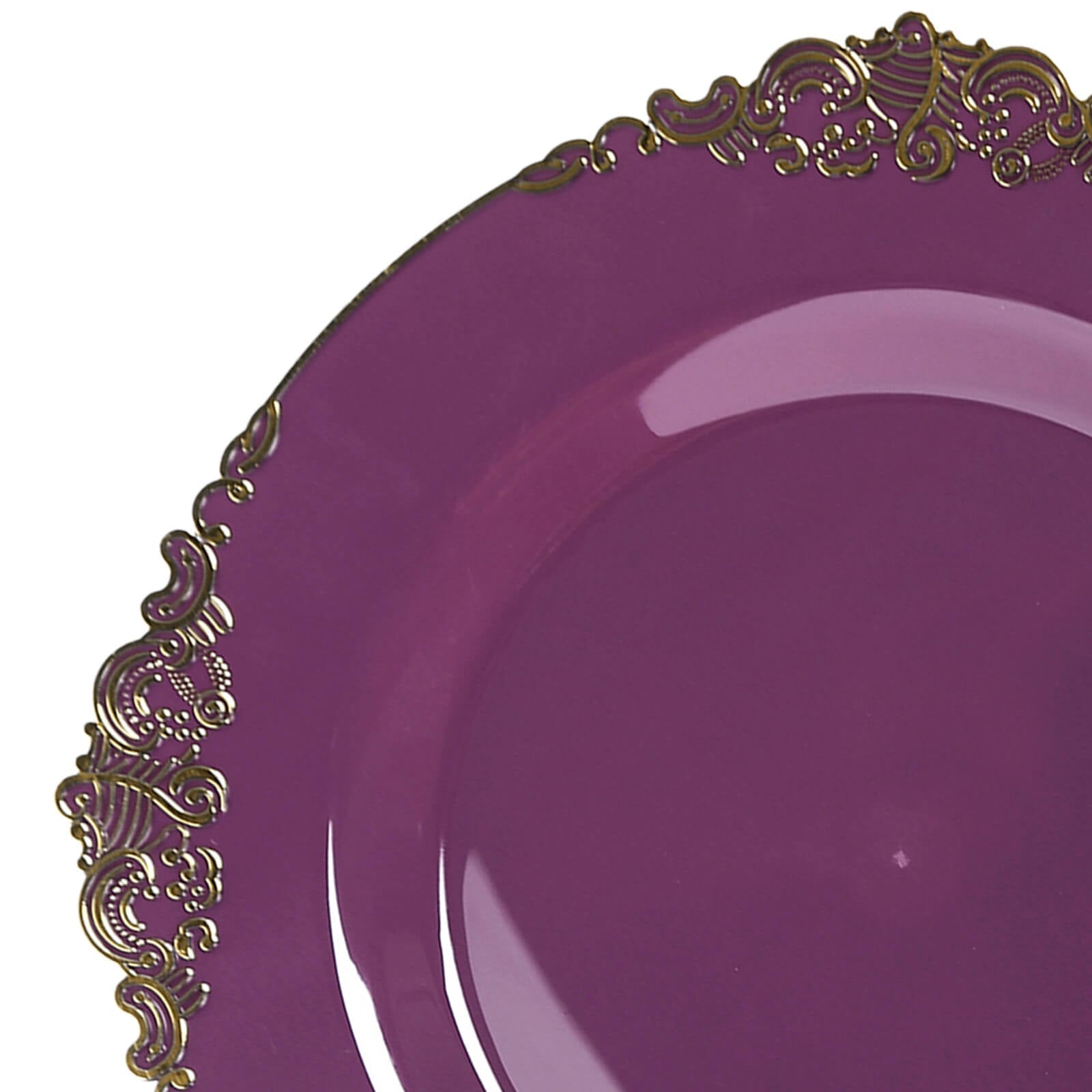 10-Pack Plastic 8" Round Dessert Plates in Purple with Gold Leaf Embossed Rim - Disposable Vintage Baroque Style Salad Plates