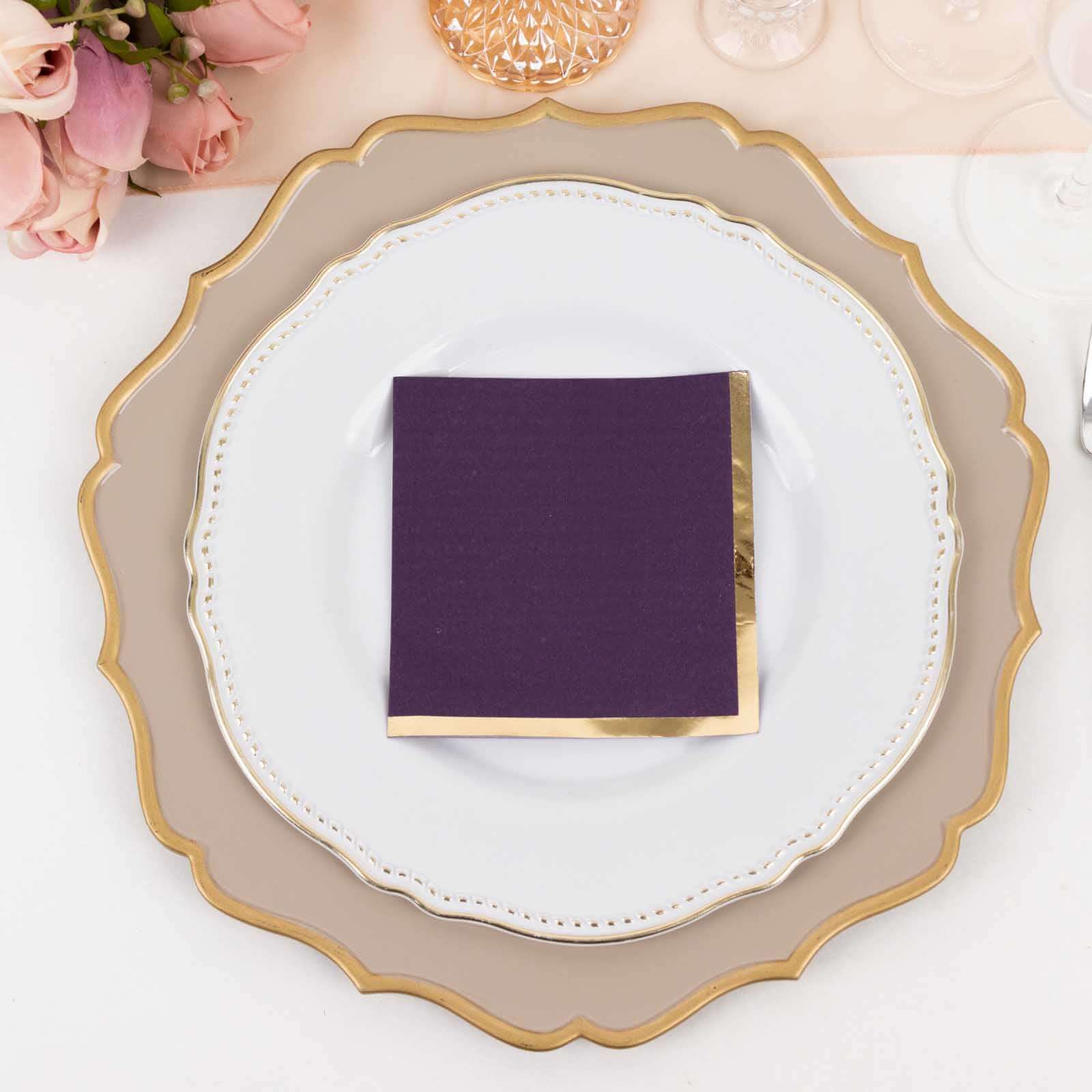 50-Pack Paper Beverage Napkins Purple with Gold Foil Edge - 2 Ply Disposable Soft 18GSM Cocktail Napkins 5"x5"
