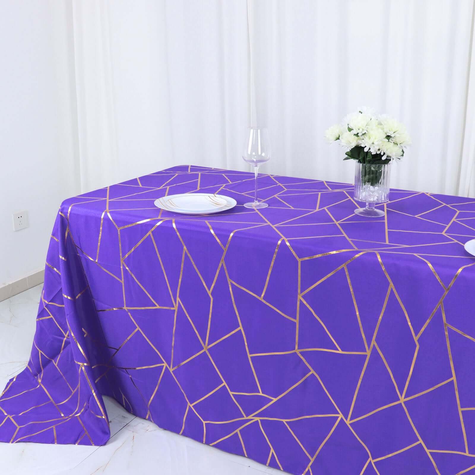 Polyester 90"x132" Rectangle Tablecloth Purple Seamless with Gold Foil Geometric Pattern - Wrinkle-Resistant Seamless Table Cover