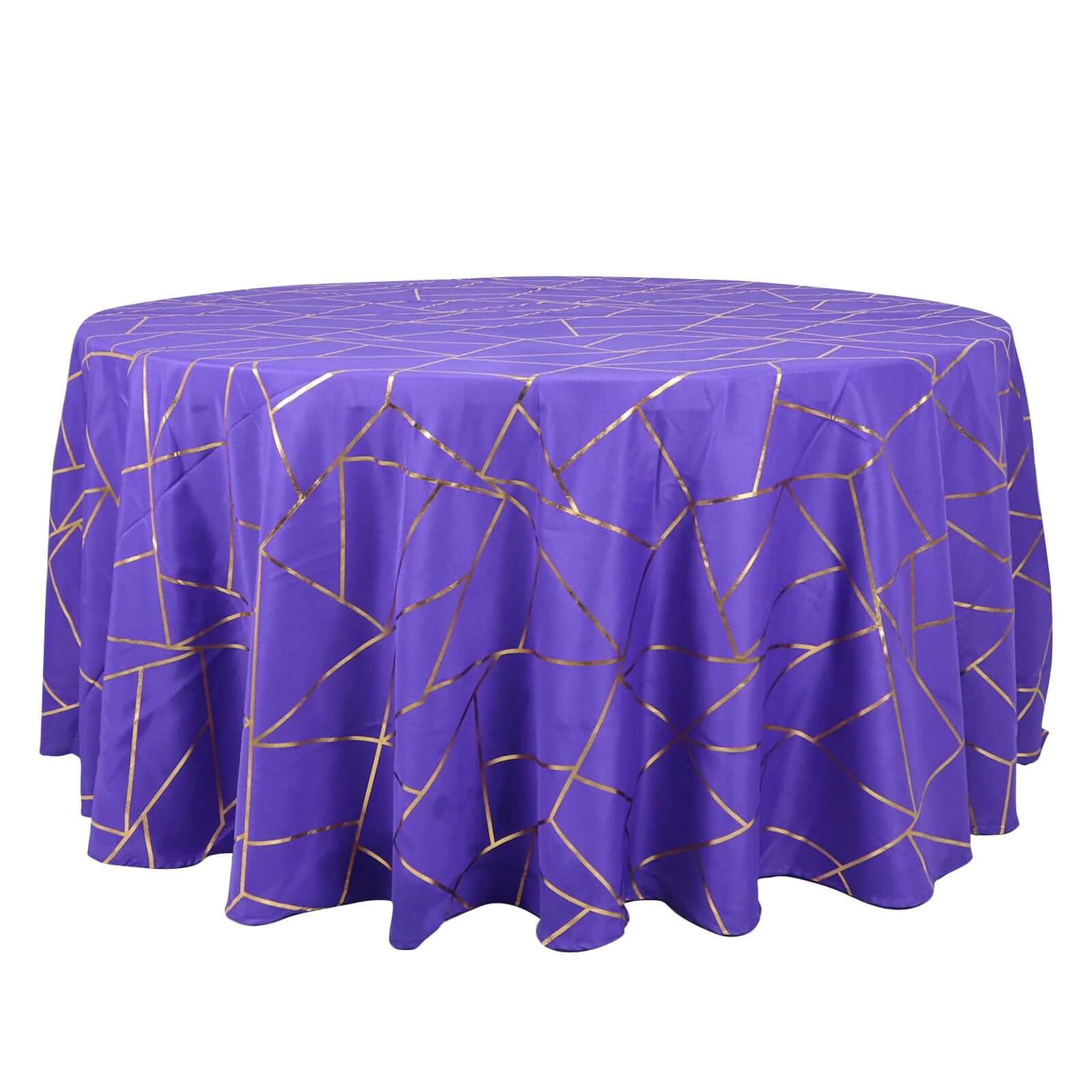 Polyester 120" Round Tablecloth Purple with Gold Foil Geometric Pattern Wrinkle-Resistant Seamless Table Cover
