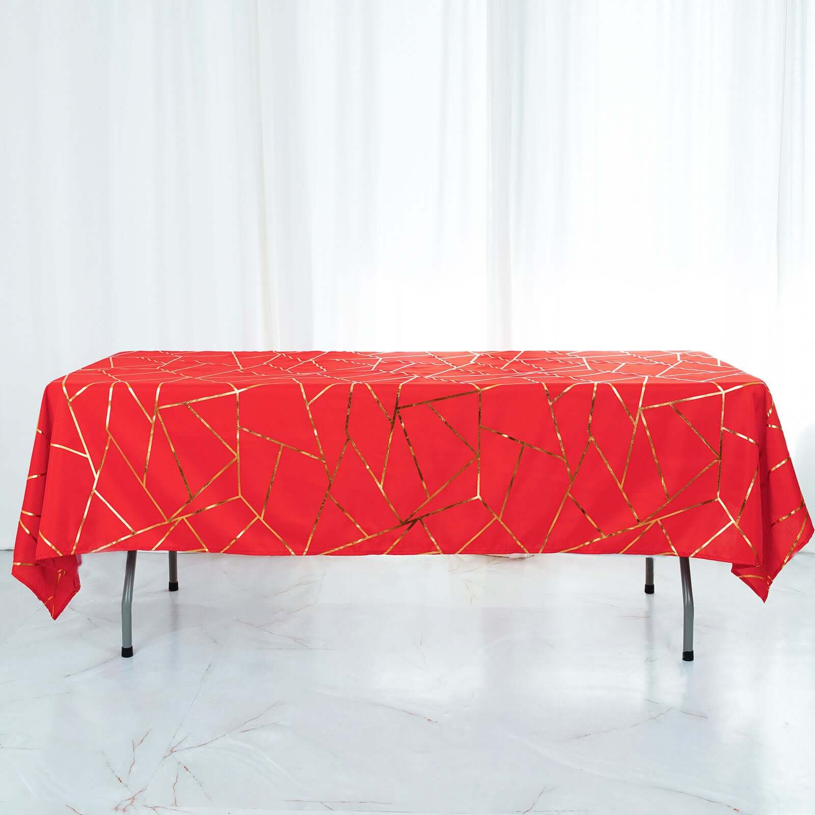 Polyester 60"x102" Rectangle Tablecloth Red with Gold Foil Geometric Pattern - Wrinkle-Resistant & Durable Table Cover