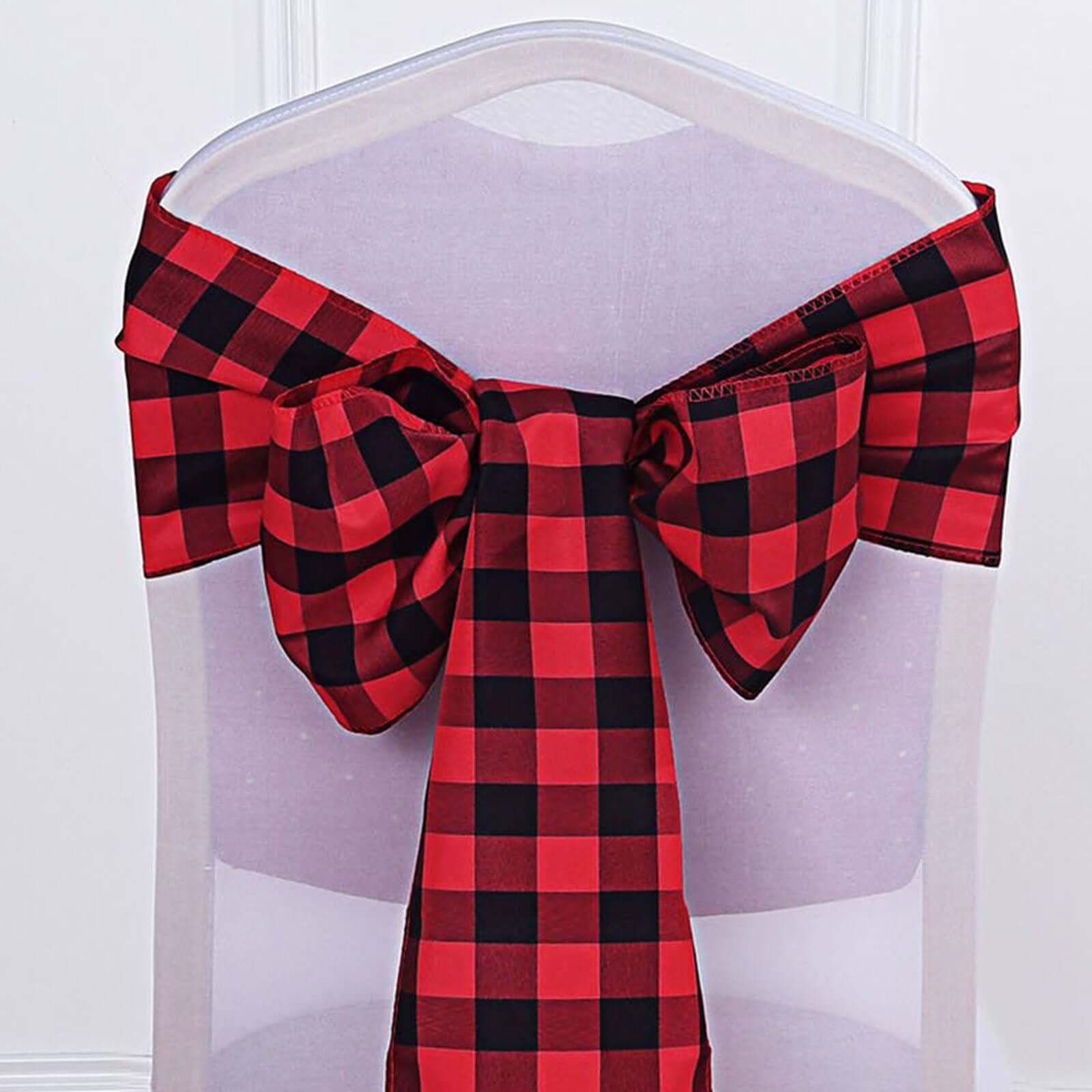 5 Pack Polyester Chair Sashes Black/Red Buffalo Plaid - Durable & Reusable Chair Bows 6"x108"