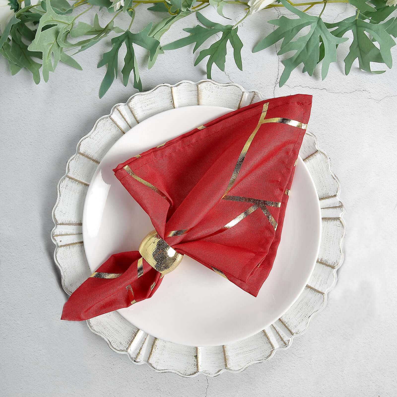 5 Pack Polyester 20"x20" Napkins Red with Gold Geometric Foil Pattern - Modern Reusable Dinner Napkins