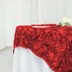 Satin 72"x72" Table Overlay Square Tablecloth Red - 3D Rosette Table Cover