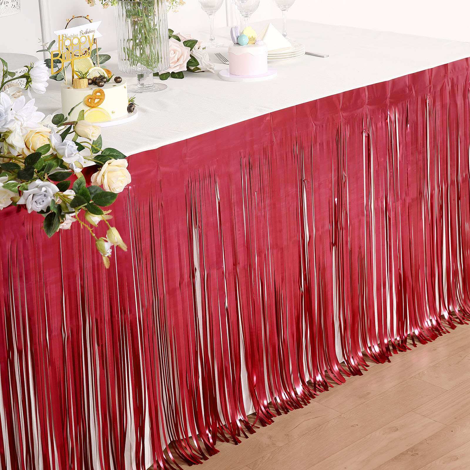 Metallic Foil Fringe Table Skirt Matte Red with Self Adhesive Backing - Durable Tinsel Skirt for Parties 30"x9ft