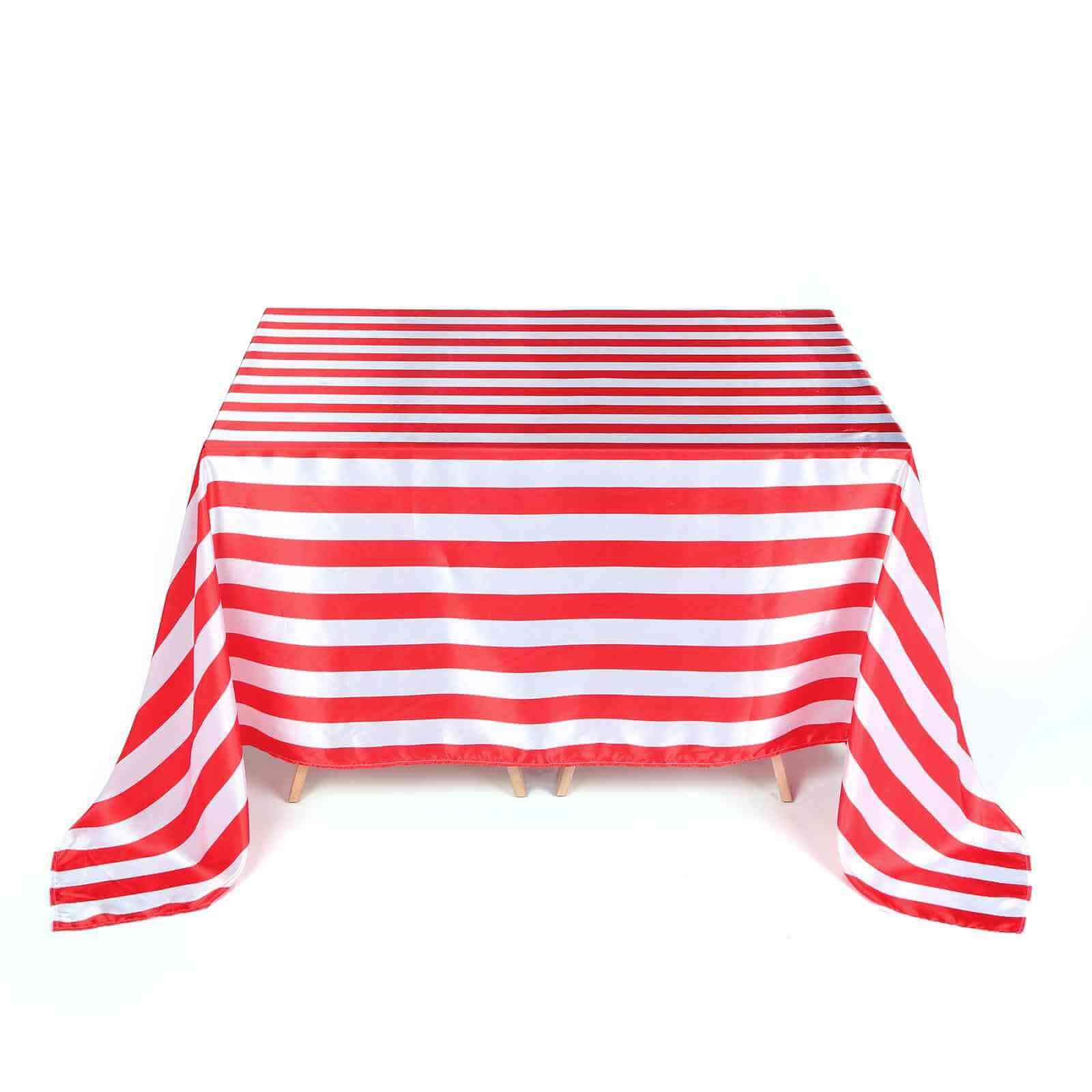Satin 90"x156" Rectangle Tablecloth Red/White - Stripe Design with Seamless Finish Table Cover