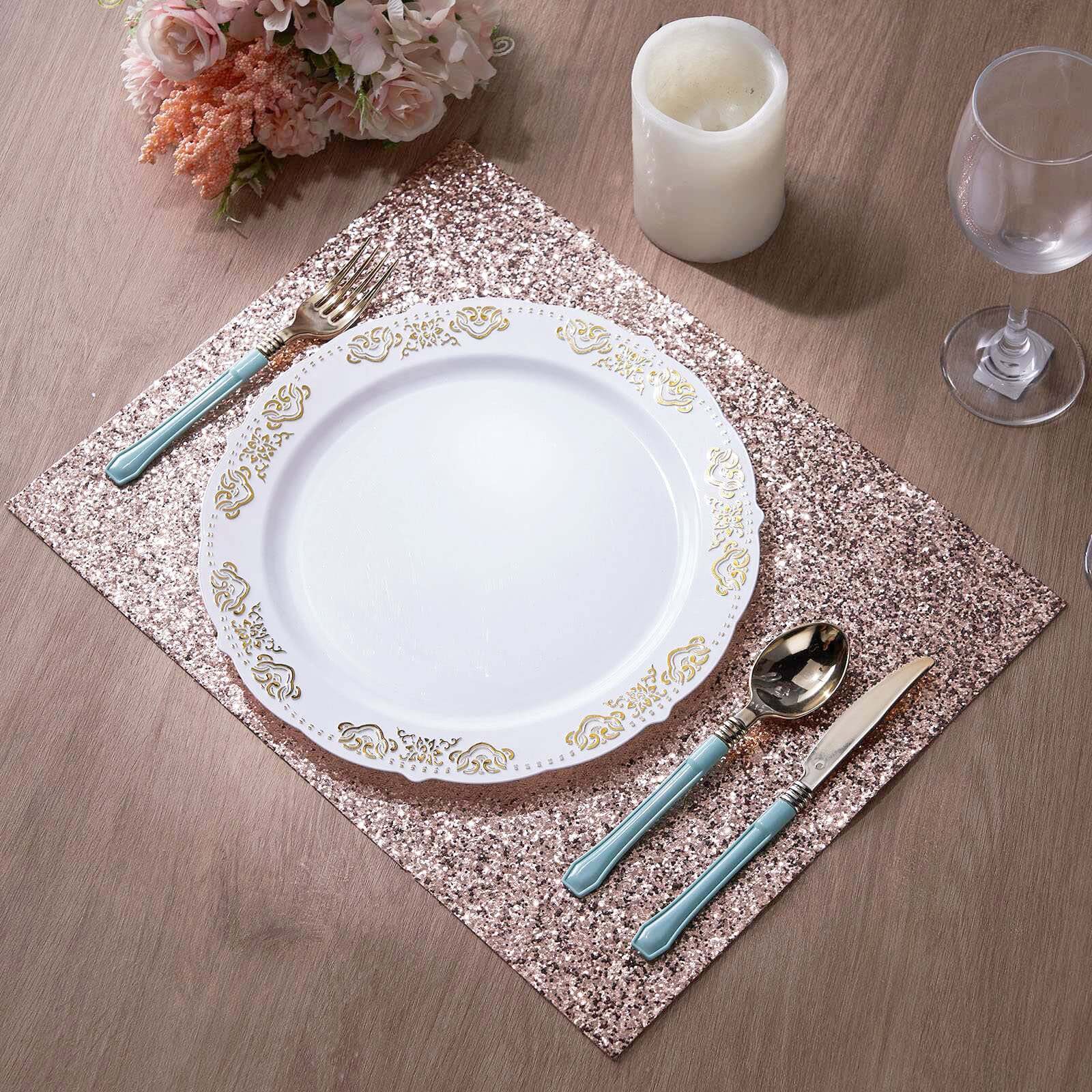 6-Pack Placemats Glitter Design Rose Gold Sparkle Rectangle - Non-Slip Decorative Dining Table Mats 12"x18"
