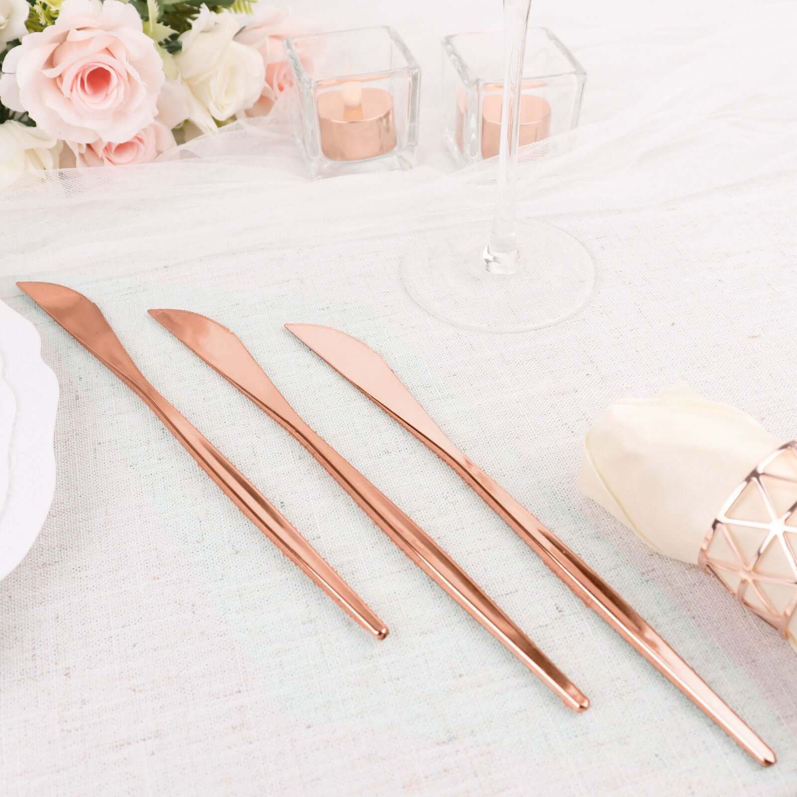 24-Pack Plastic Knives Glossy Rose Gold - Premium Heavy Duty Disposable Flatware Cutlery 8"