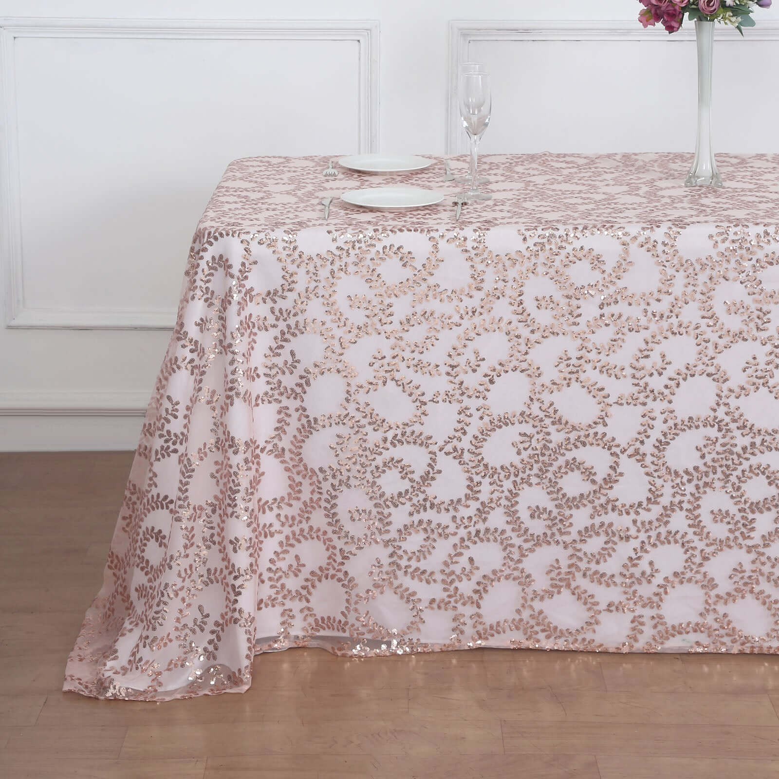 Tulle 90"x156" Rectangle Tablecloth Rose Gold - Sequin Leaf Embroidered Table Cover