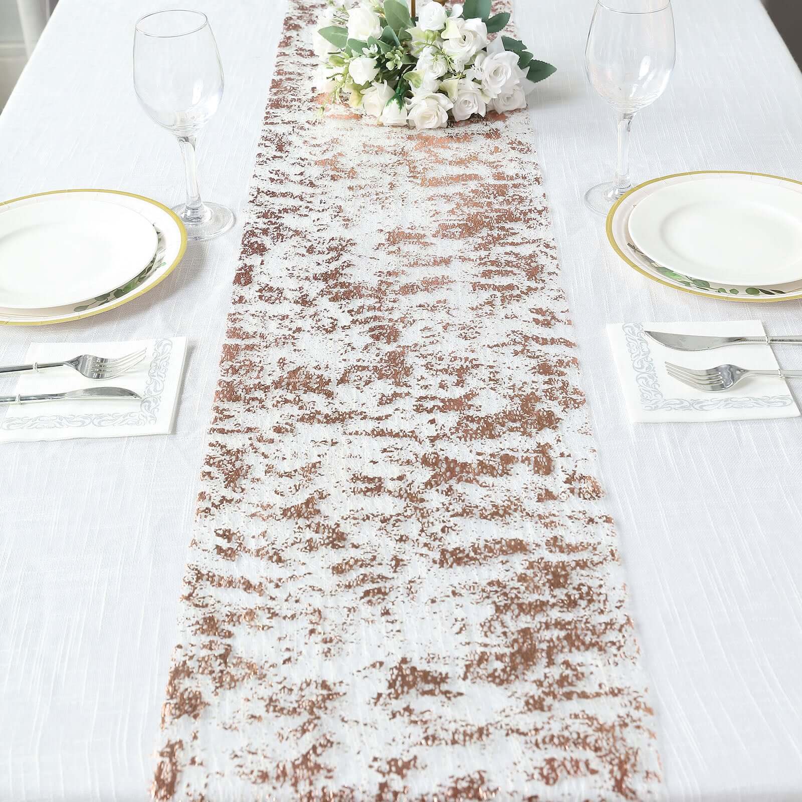 Mesh Polyester 108" Table Runner Roll Metallic Rose Gold - Distressed Foil Look Disposable Table Decor