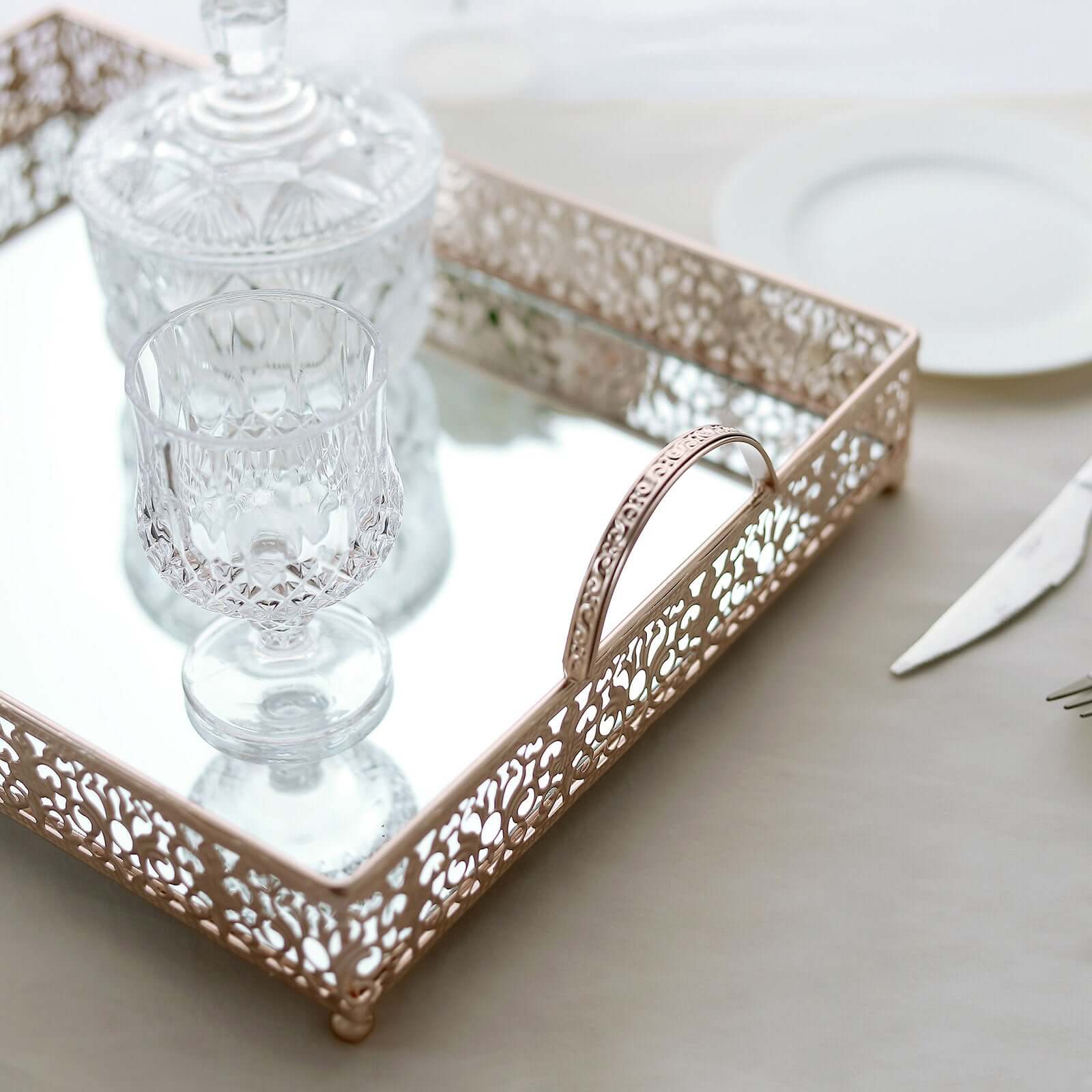 Metal Mirrored Rectangle Serving Tray 16"x12" in Rose Gold Fleur De Lis Design with Handles, French Inspired Decorative Vanity Tray Centerpiece
