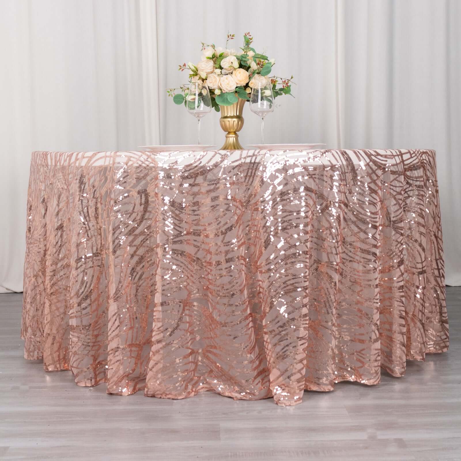 Sequin Mesh 120" Round Tablecloth Rose Gold - Seamless Wave Embroidered Table Cover