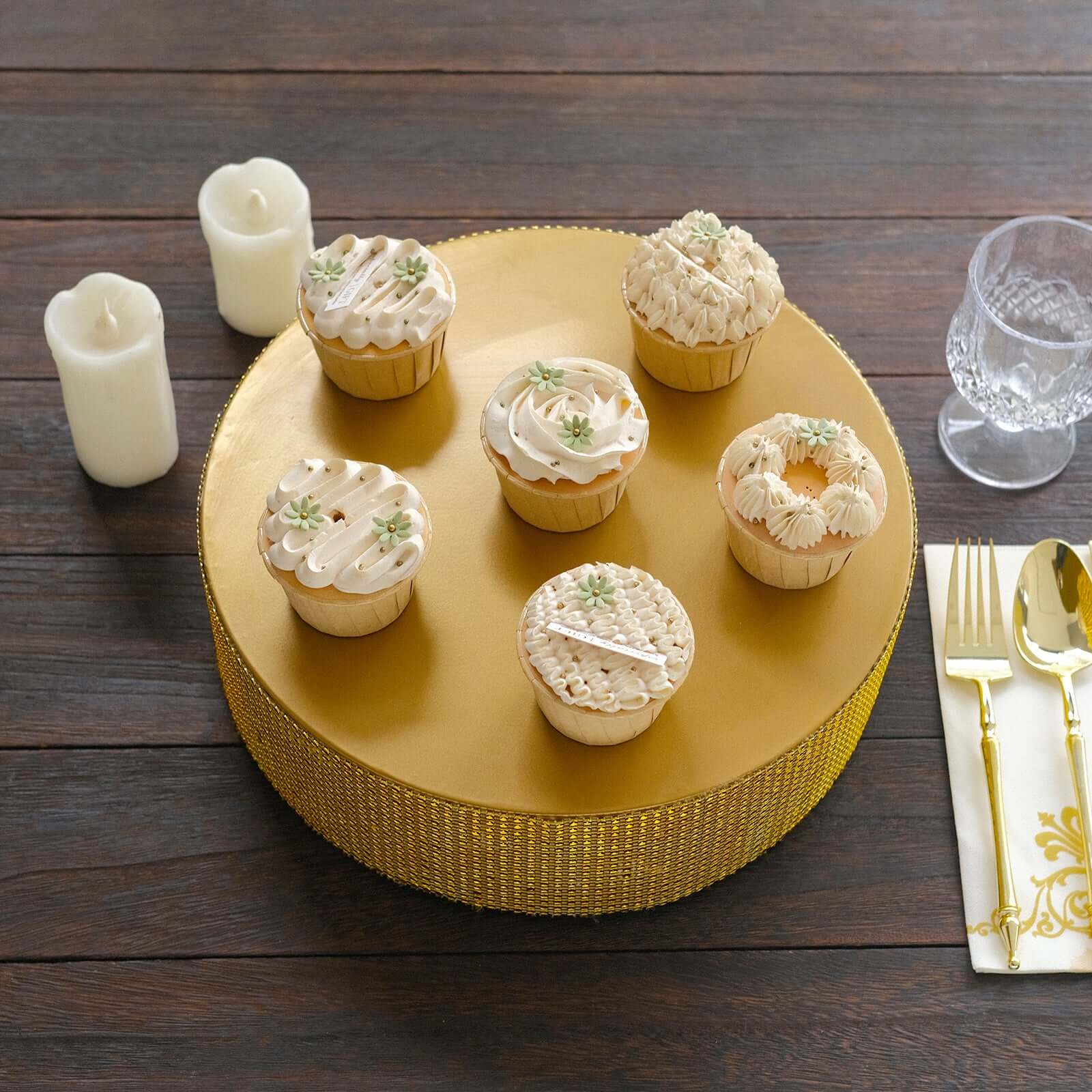 Metal Pedestal Cake Stand Round Design with Rhinestones Gold - Cupcake Holder and Dessert Table Centerpiece 12"
