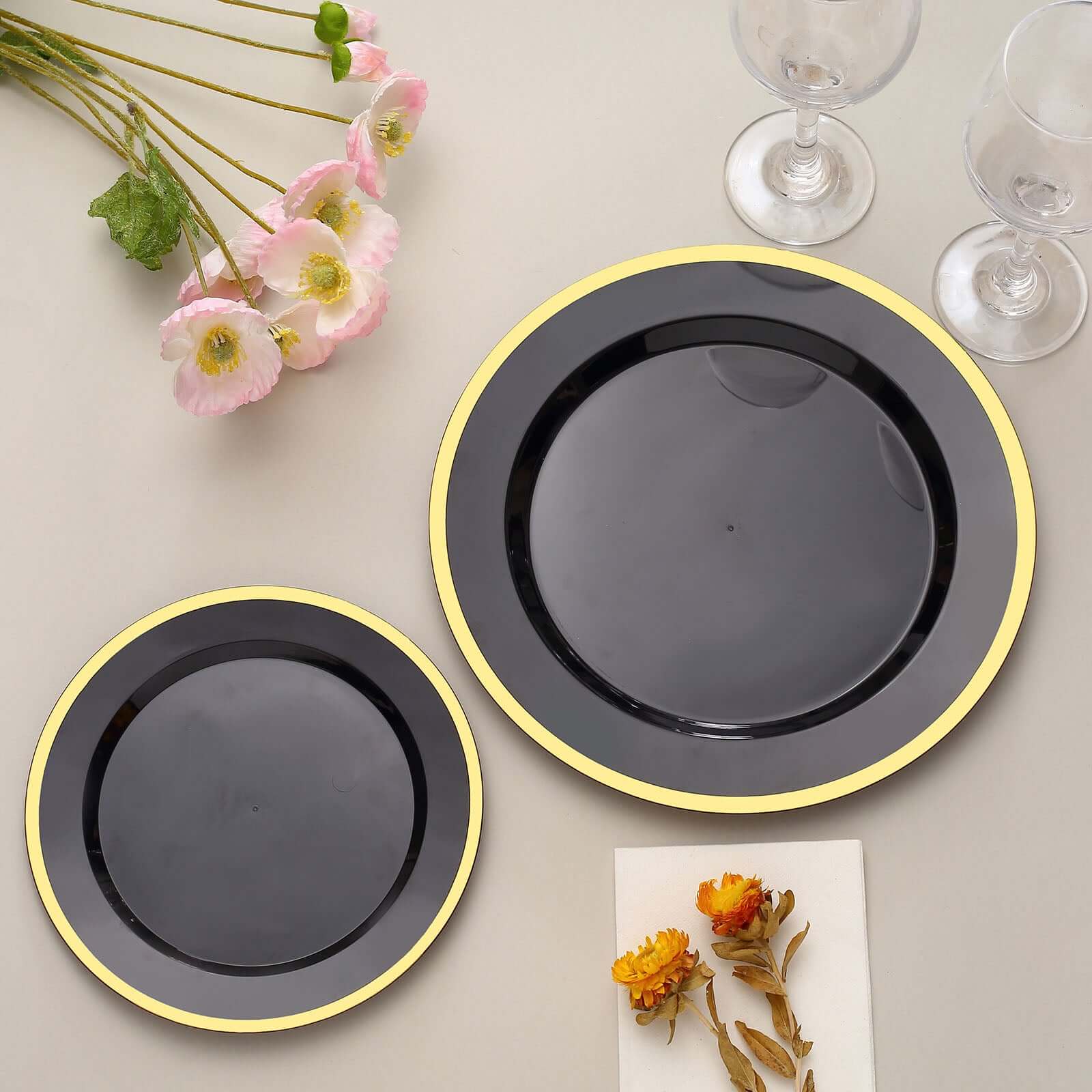 10-Pack Plastic 7" Round Appetizer Plates in Black with Gold Rim - Sleek Disposable Salad Plates for Banquets & Special Occasions