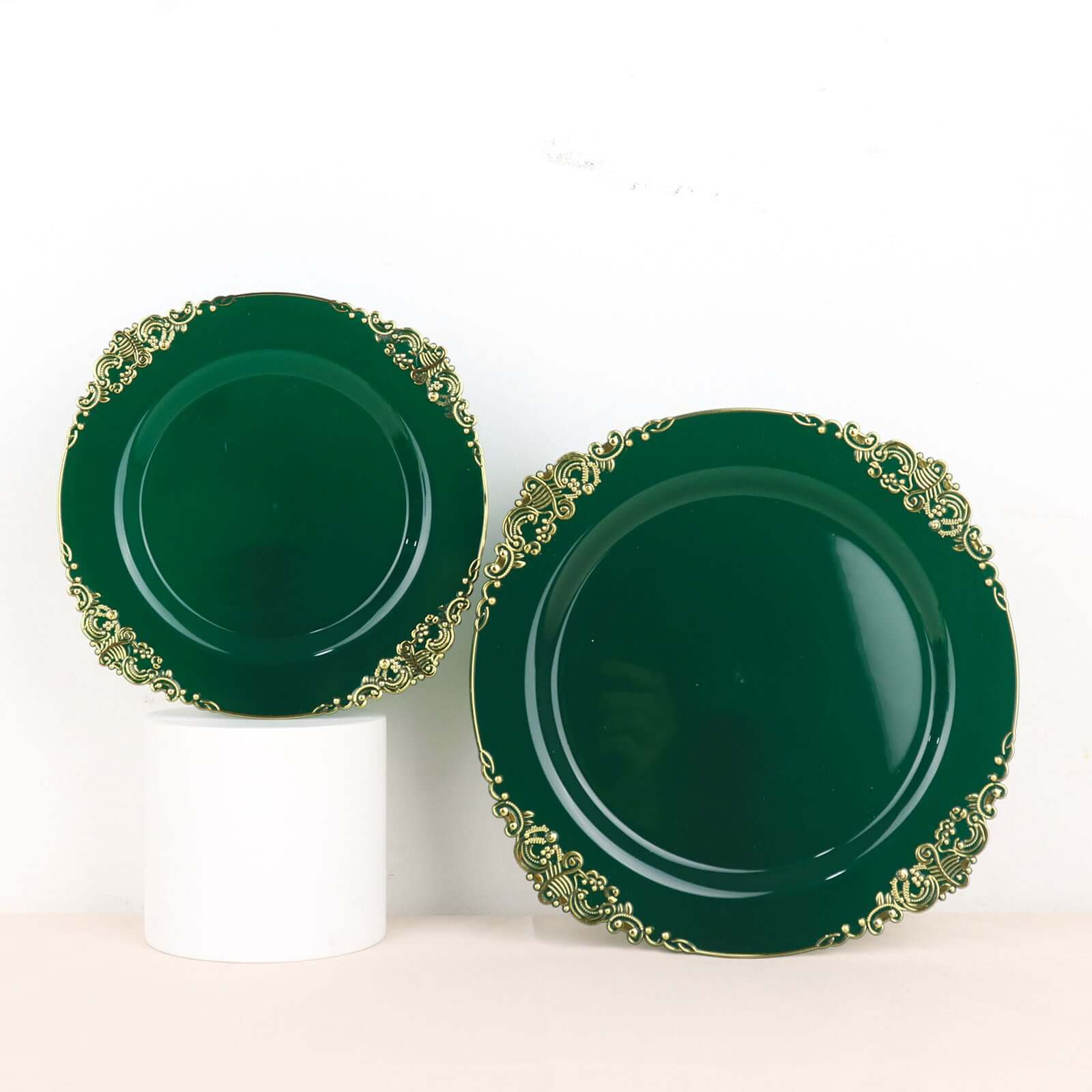 10-Pack Plastic 8" Round Dessert Plates in Hunter Emerald Green with Gold Leaf Embossed Rim - Disposable Vintage Baroque Style Salad Plates