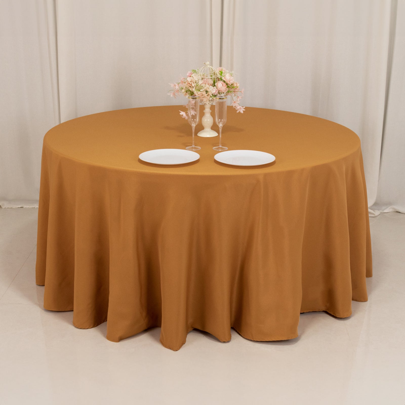 Premium Polyester 120" Round Tablecloth Gold - Seamless 220GSM Wrinkle-Resistant Design for Classy Events