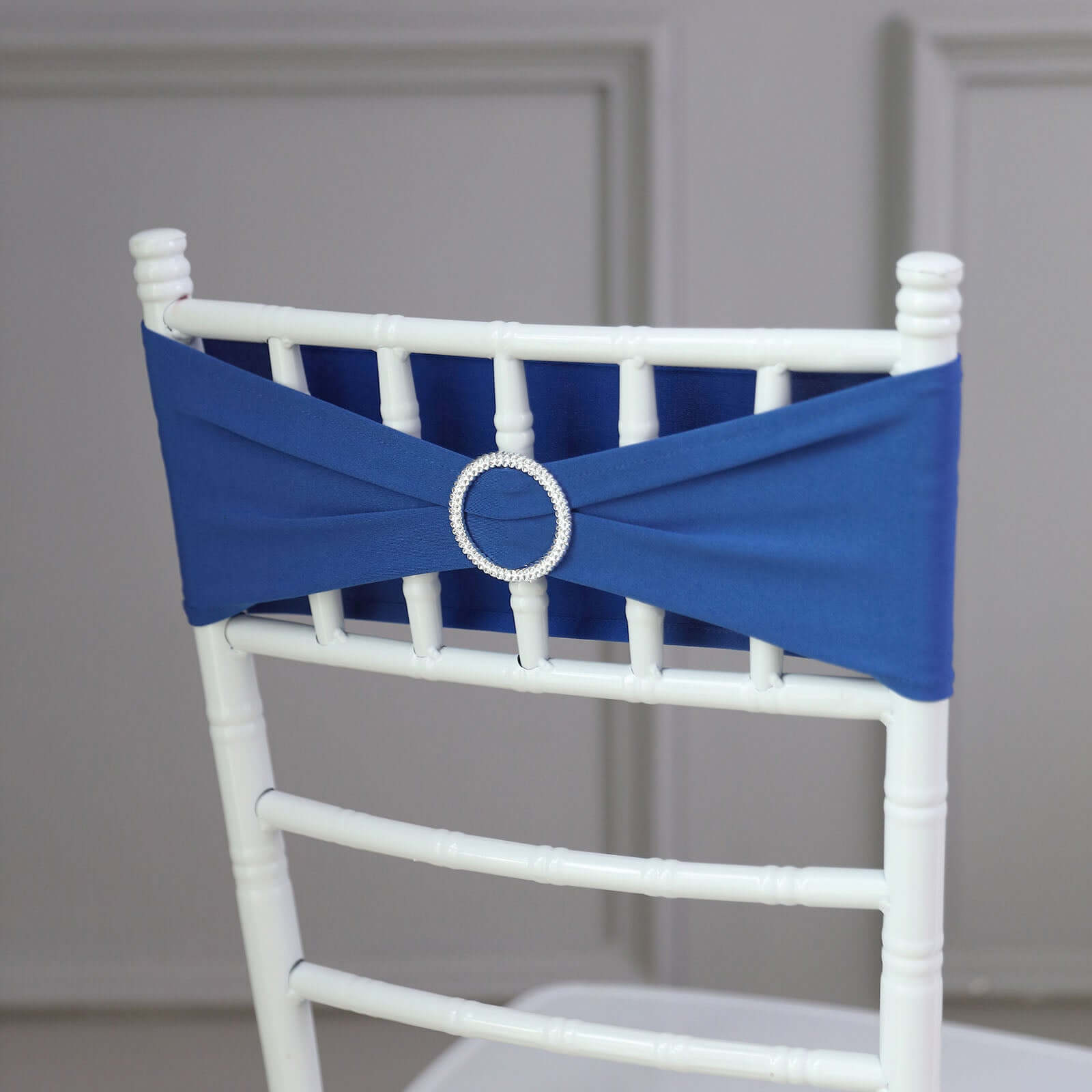 5 Pack Stretch Spandex Chair Sashes Royal Blue - Reusable Chair Bands with Silver Diamond Ring Slide Buckle 5"x14"