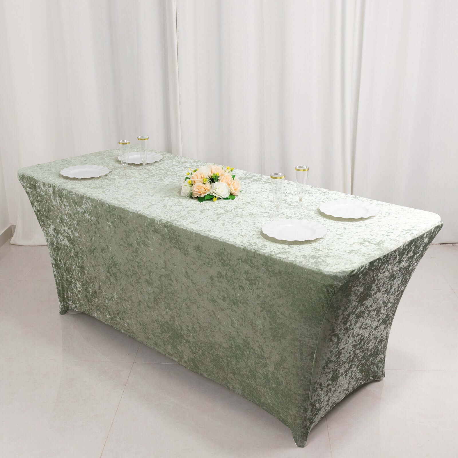 Crushed Velvet Fitted Rectangular 6ft Table Cover Sage Green - Wrinkle-Free Stretchy Tablecloth