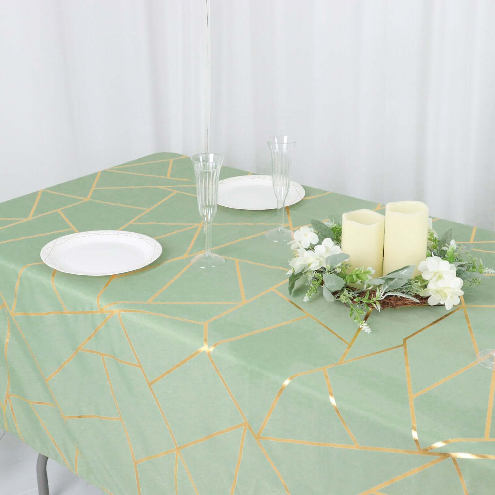 Polyester 60"x102" Rectangle Tablecloth Sage Green with Gold Foil Geometric Pattern - Wrinkle-Resistant & Durable Table Cover
