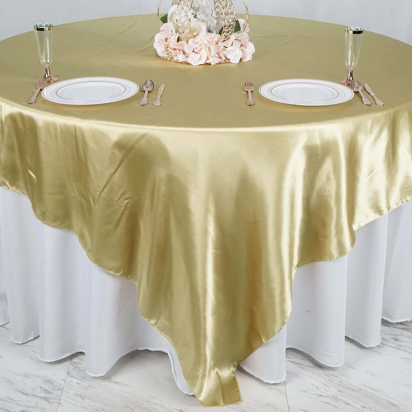 Satin 90"x90" Table Overlay Square Tablecloth Champagne - Smooth Finish Table Topper