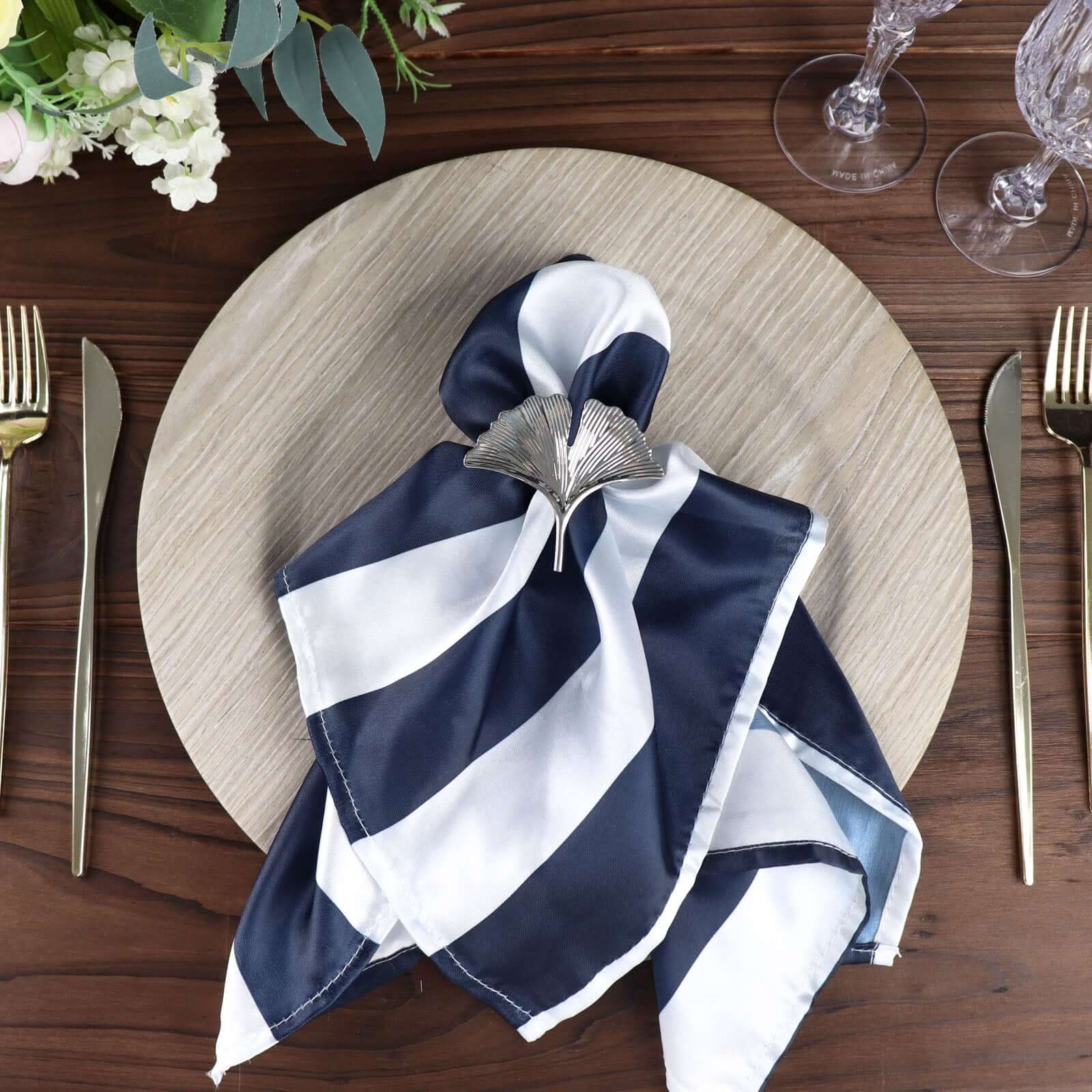 5 Pack Satin 20"x20" Napkins Navy Blue/White - Striped Reusable Dinner Napkins