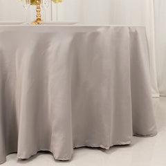 Lamour Satin 120" Round Tablecloth Silver - Seamless Table Cover with Soft Tempered Sheen