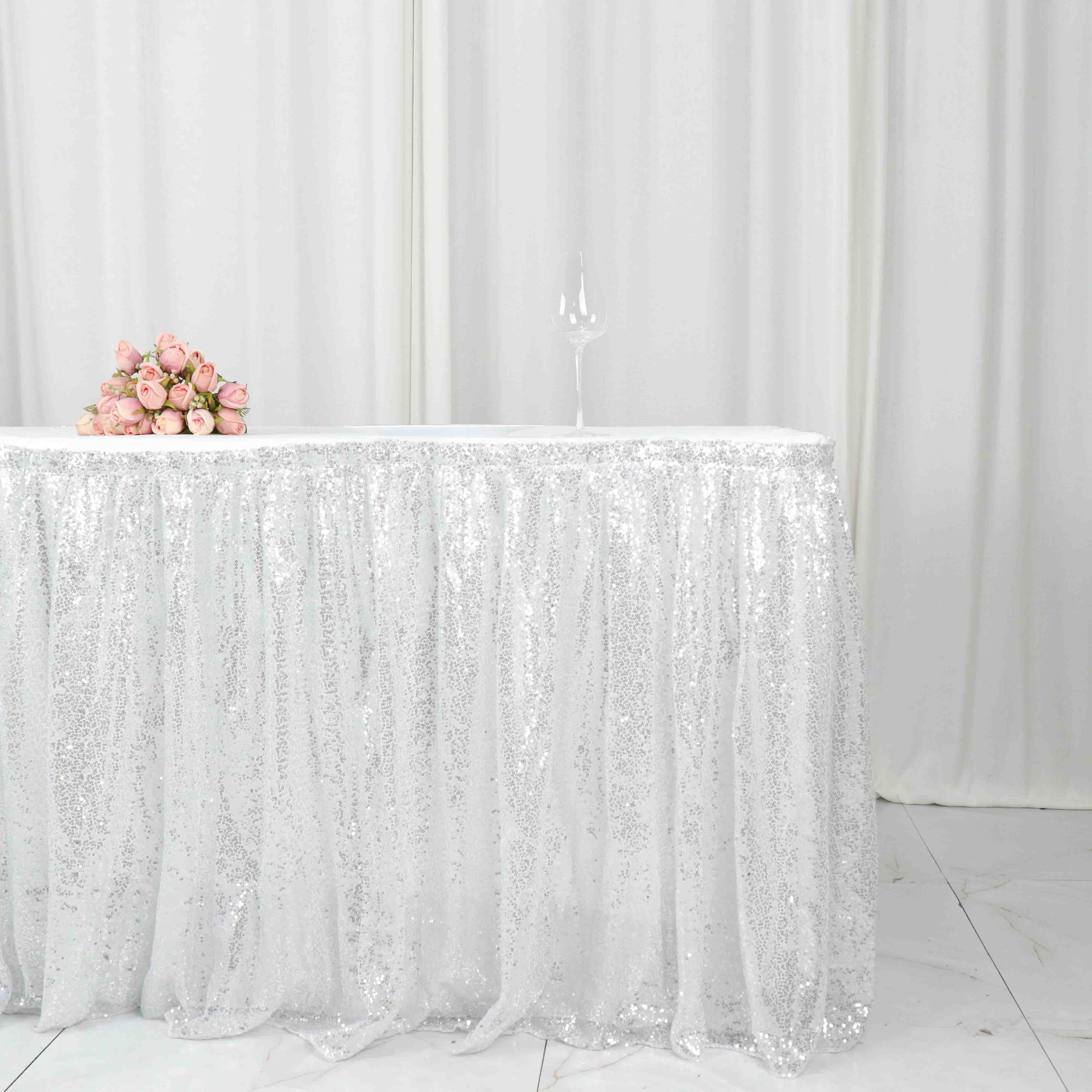 Sequin 17ft Table Skirt Silver - Pleated Satin With Top Velcro Strip