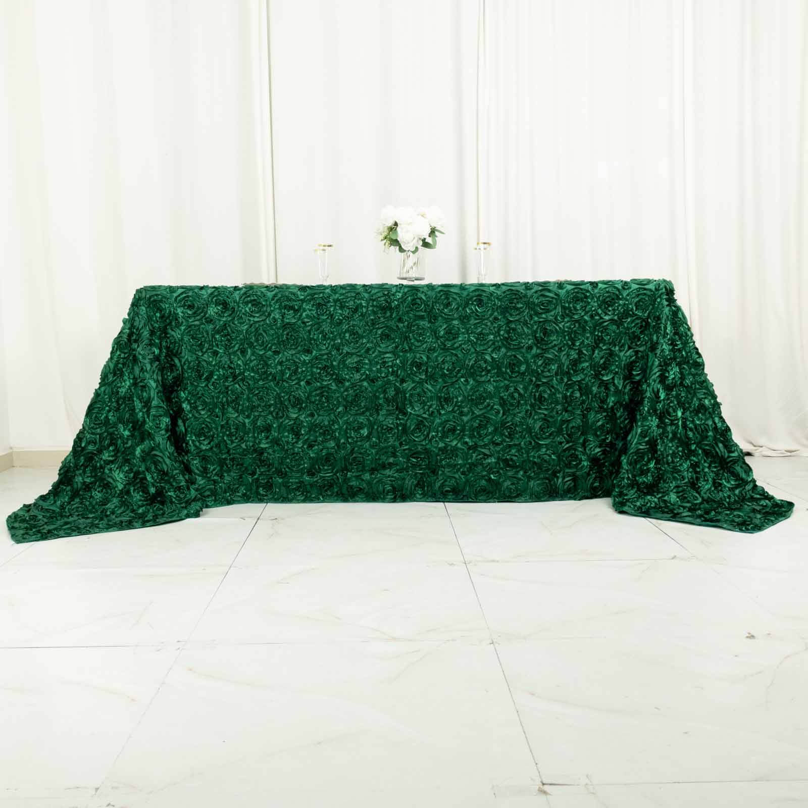 Satin 90"x132" Rectangle Tablecloth Hunter Emerald Green - Grandiose 3D Rosette Seamless Table Cover