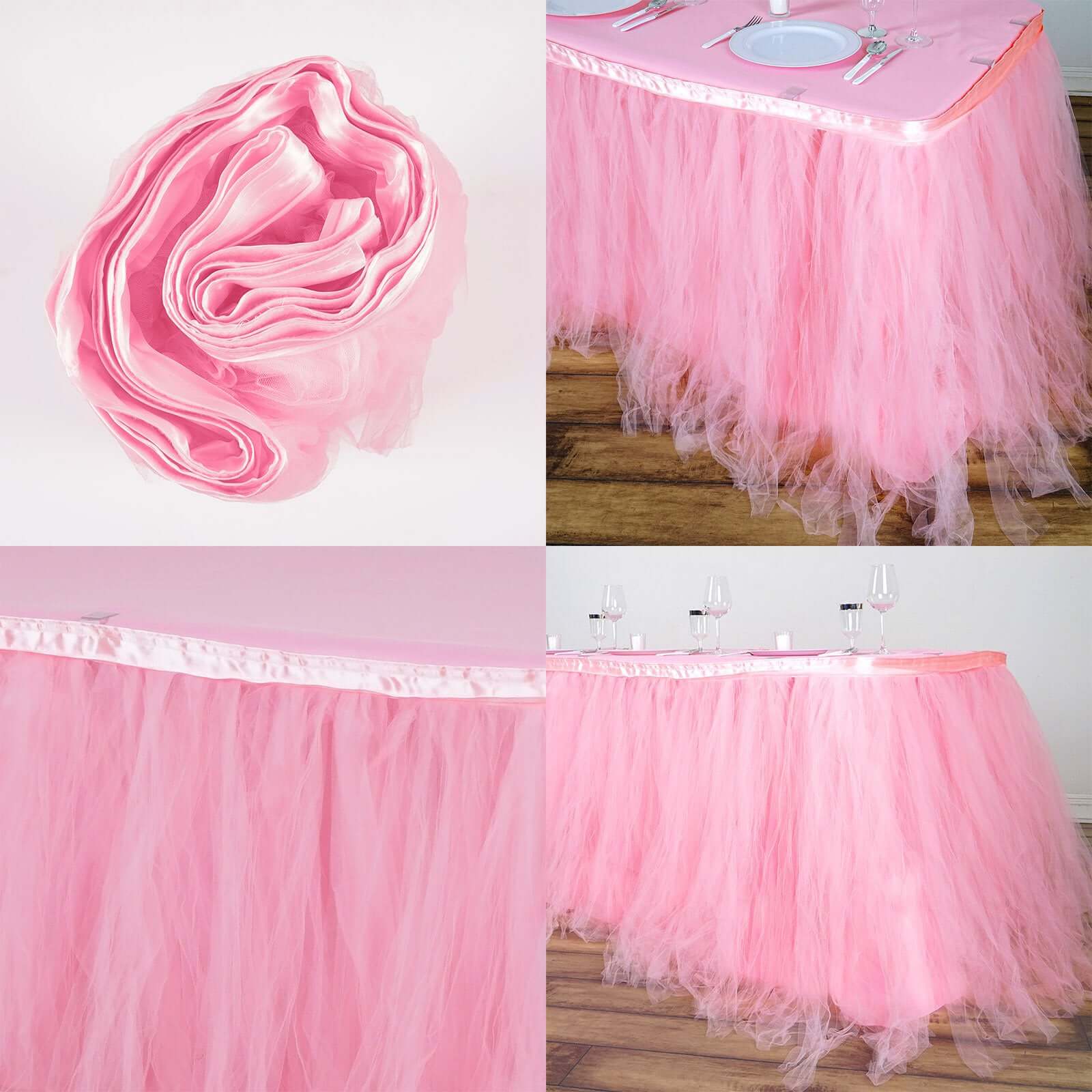 Tulle 17ft Table Skirt Pink/Rose Quartz - 4 Layer Pleated Tutu Table Cover