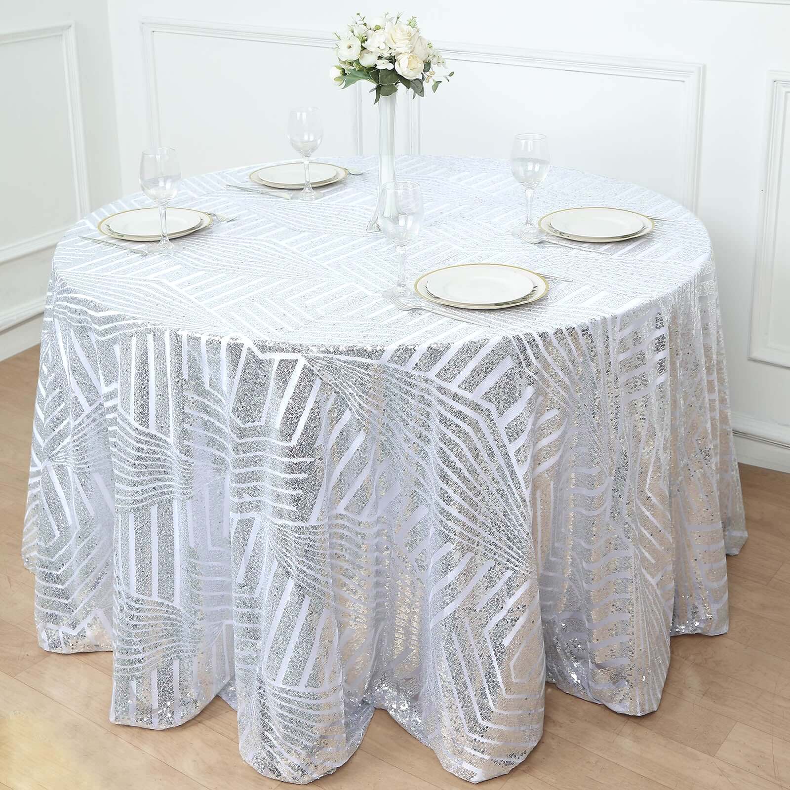 Sequin 120" Round Tablecloth Silver - Seamless Diamond Glitz Table Cover