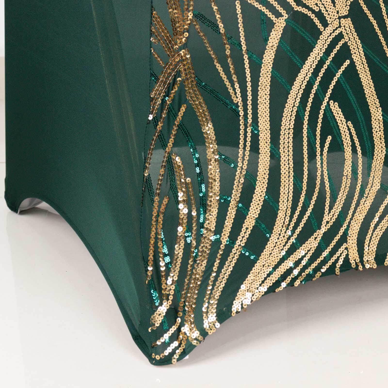 Spandex Chair Cover with Wave Embroidered Sequins for Banquet Chairs Hunter Emerald Green/Gold - Glittering Stretch Fitted Slipcover