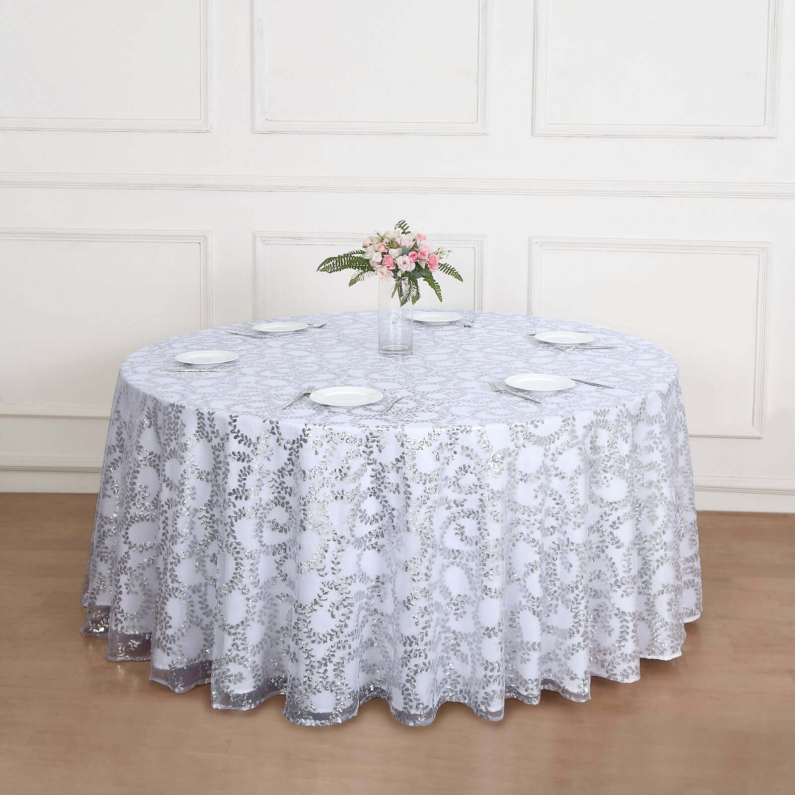 Tulle 120" Round Tablecloth Silver - Seamless Sequin Leaf Embroidered Table Cover