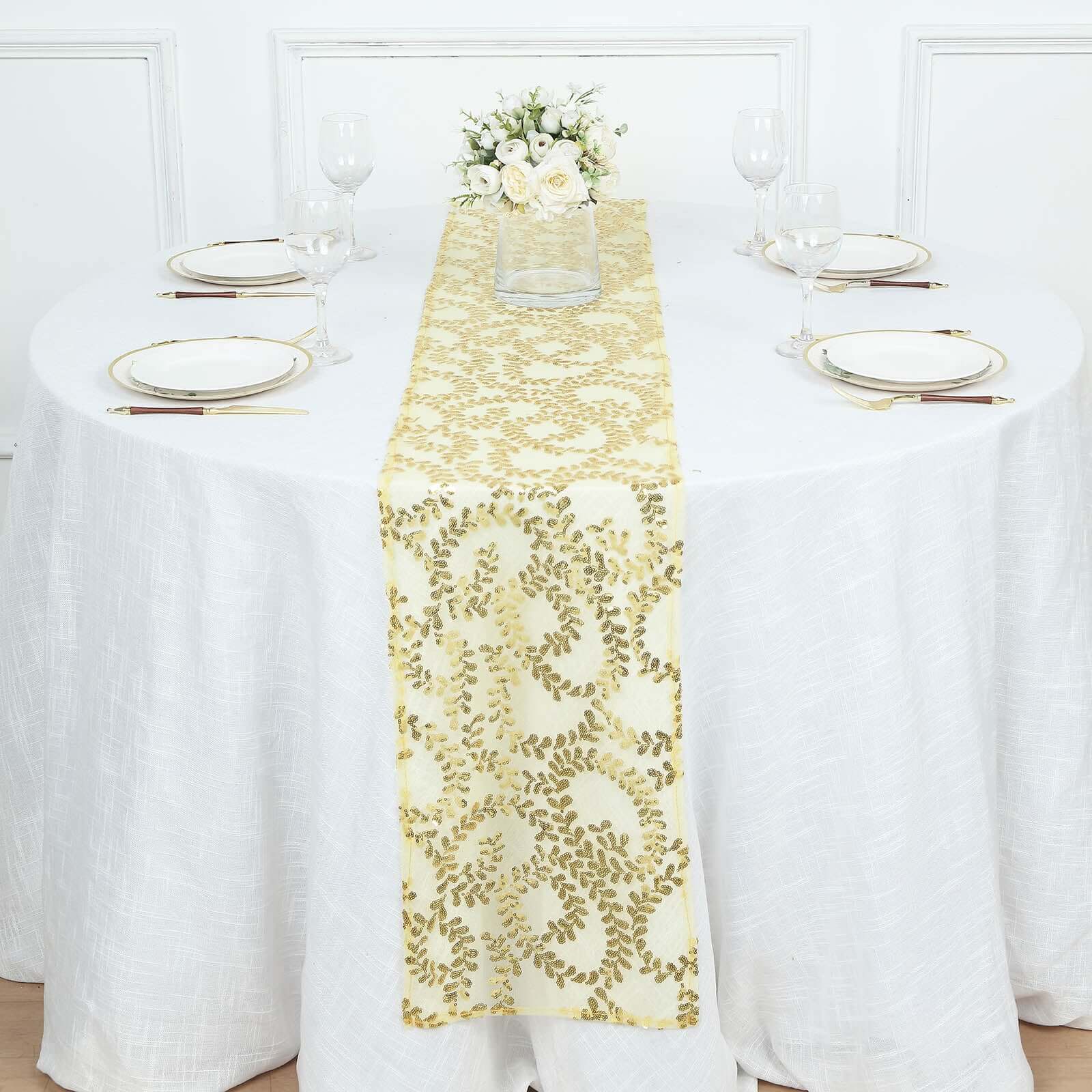 Mesh 12"x108" Table Runner Gold - Leaf Vine Sequin Embroidered Design for Sophisticated Occasion