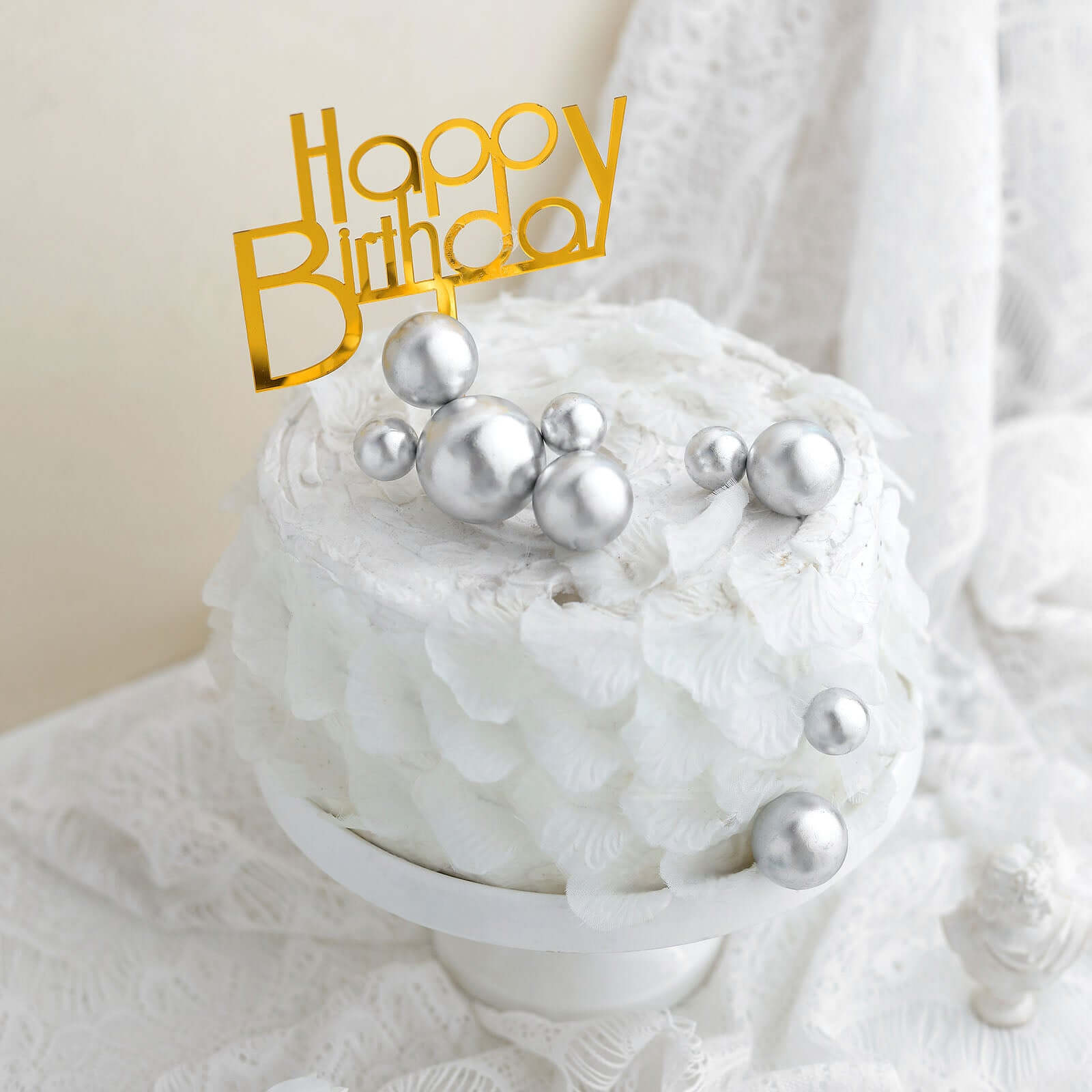 12 Pcs Cake Topper Picks Faux Pearl Ball Design Silver - Foam Balloon DIY Cupcake Decor Supplies Assorted Sizes