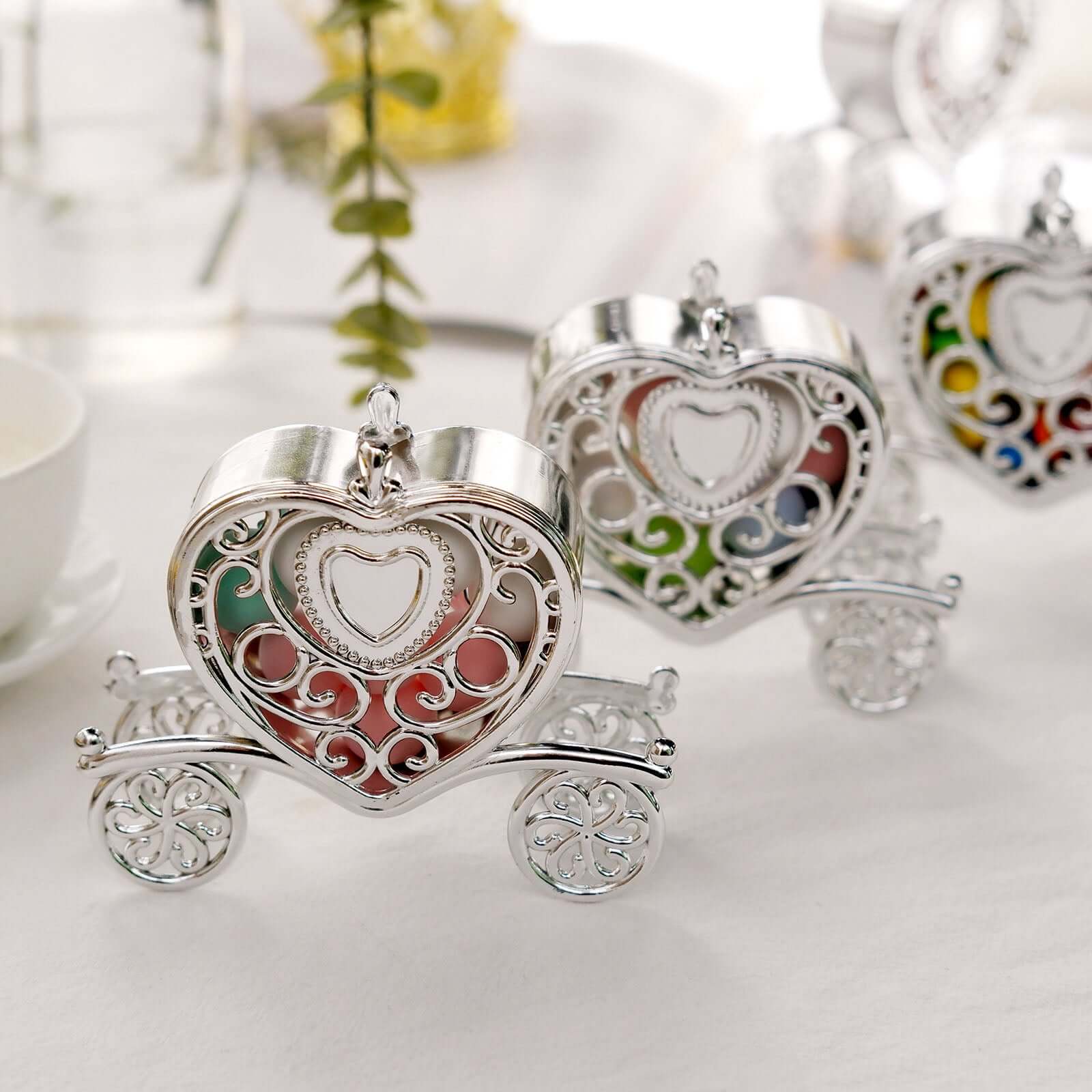 12-Pack Heart Carriage Candy Container Gift Boxes Silver Princess - Stylish Favor Boxes for Special Occasions 4"