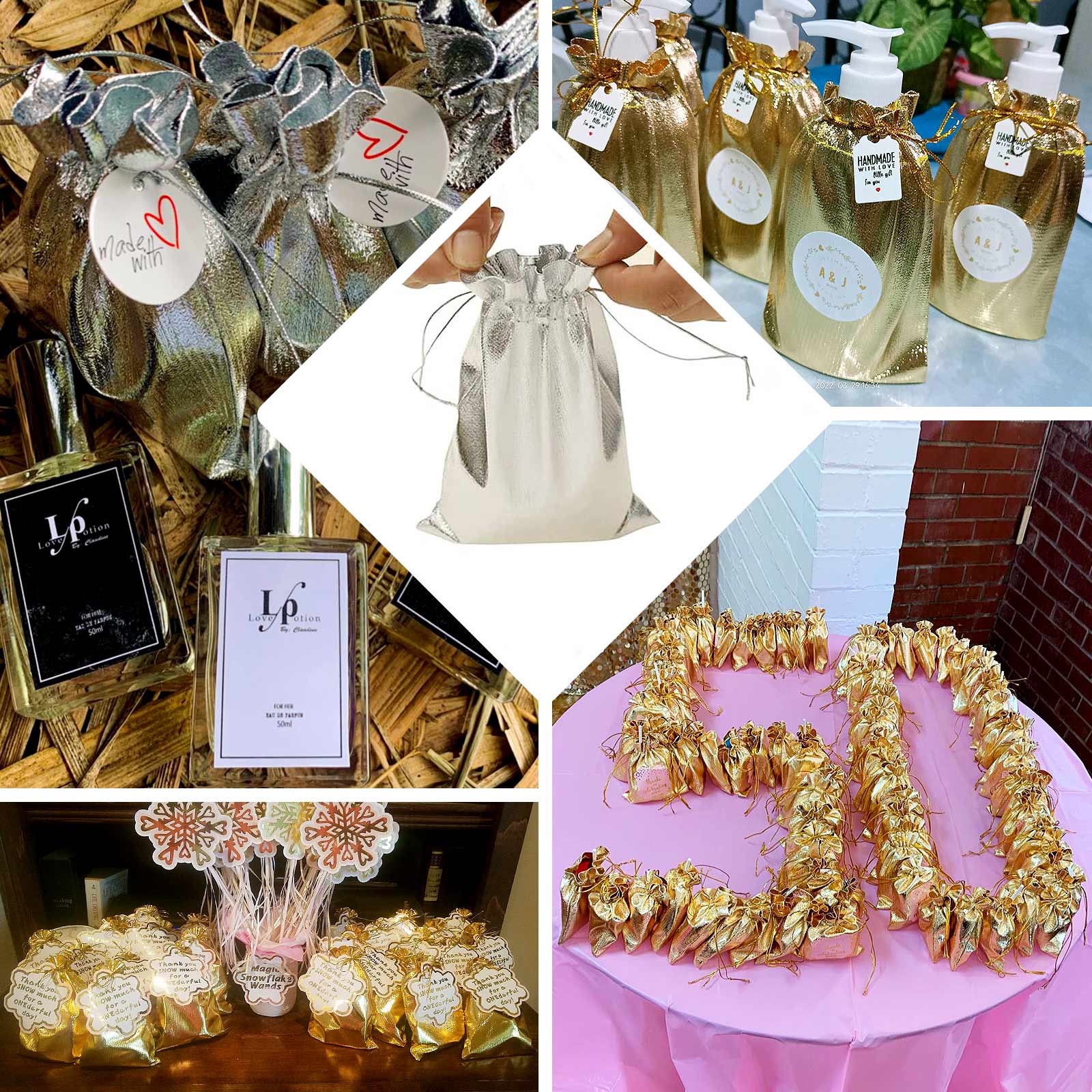 10 Pack Metallic Silver Lame Polyester 5"x7" Party Favor Gift Bags, Shiny Fabric Drawstring Candy Pouch