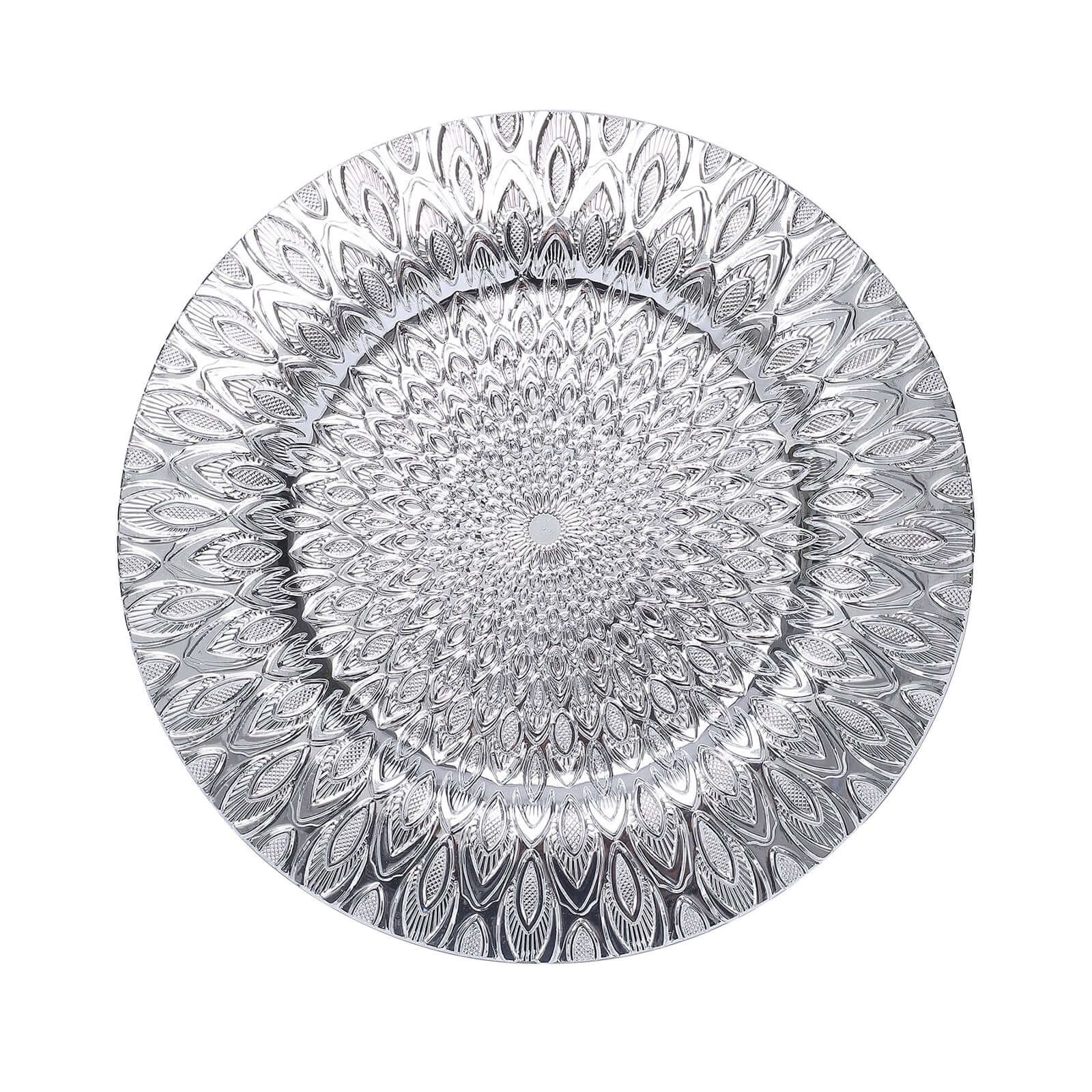 6-Pack Plastic Round Charger Plates 13" in Silver with Embossed Peacock Pattern, Stylish Disposable Charger Tableware