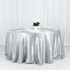 Satin 132" Round Tablecloth Silver - Stylish Seamless Table Cover