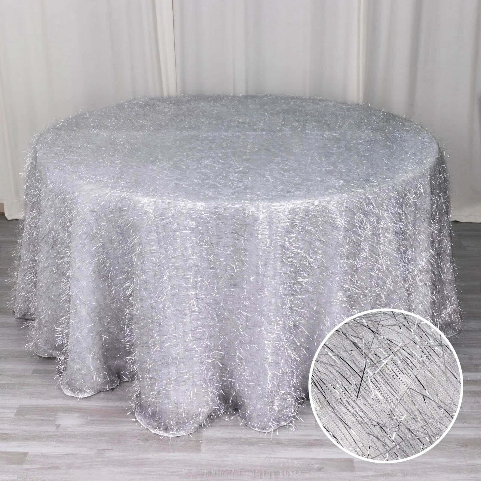 Polyester 120" Round Silver Tablecloth Metallic Fringe Shag Tinsel Table Cover