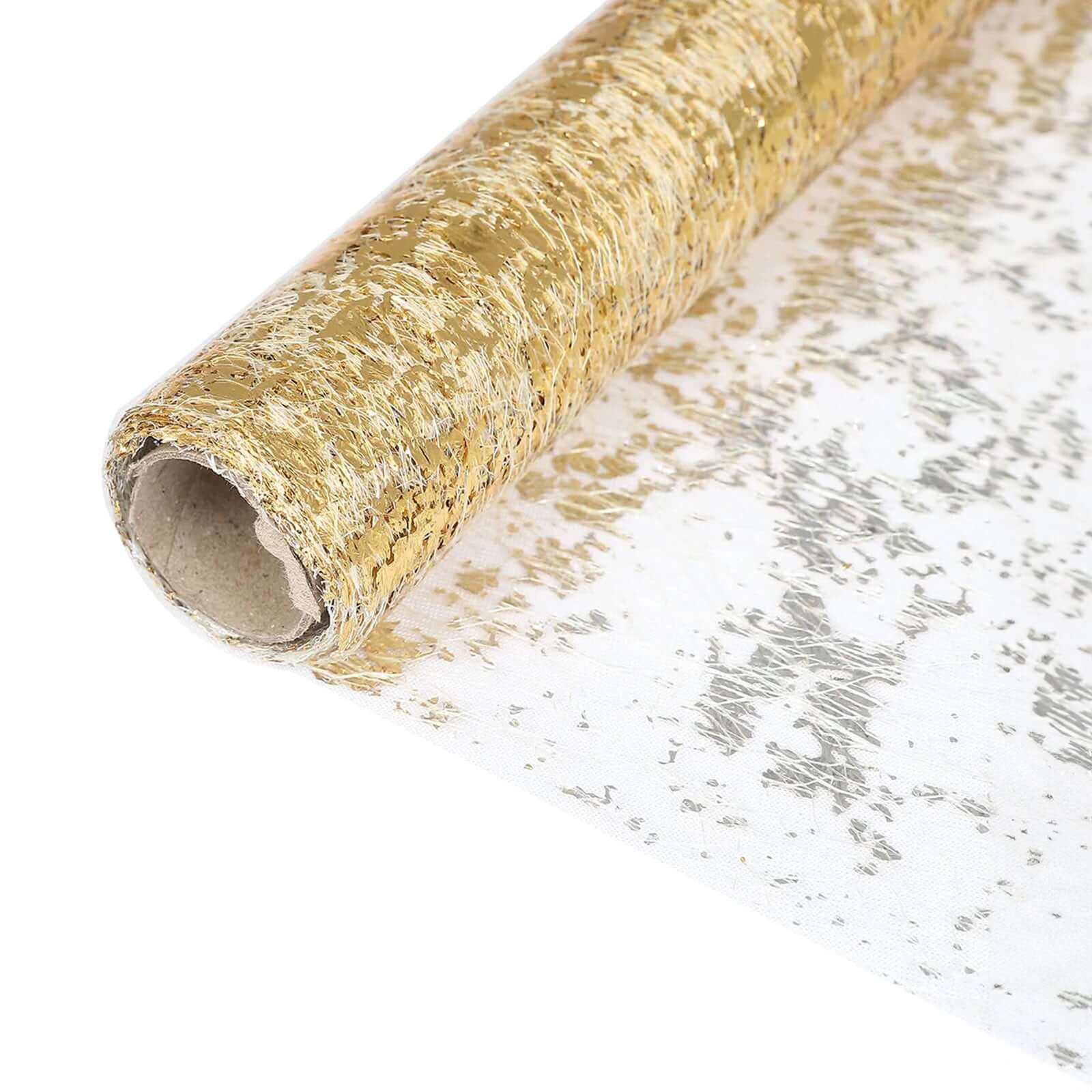 Mesh Polyester 108" Table Runner Roll Metallic Gold Distressed Foil Printing Design - Disposable Stylish Party Table Decor
