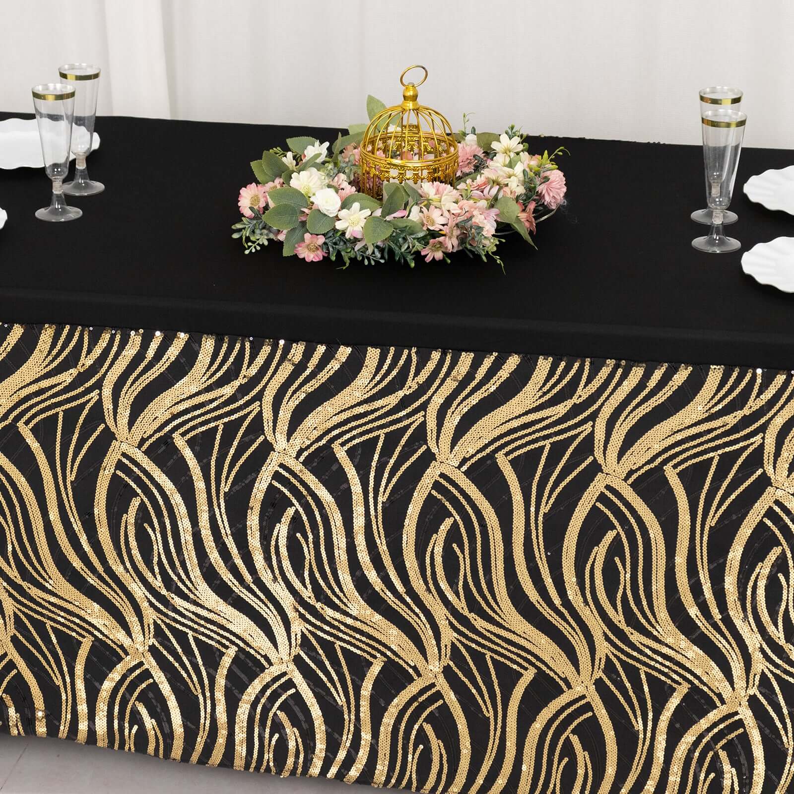Sequin Stretch Spandex 72"x30" Rectangle Tablecloth Black/Gold Wave Embroidered Design Four-Way Stretch Shimmering Table Cover for Luxe Event Decor