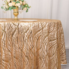 Sequin Mesh 120" Round Tablecloth Gold - Seamless Wave Embroidered Design for Stylish Events