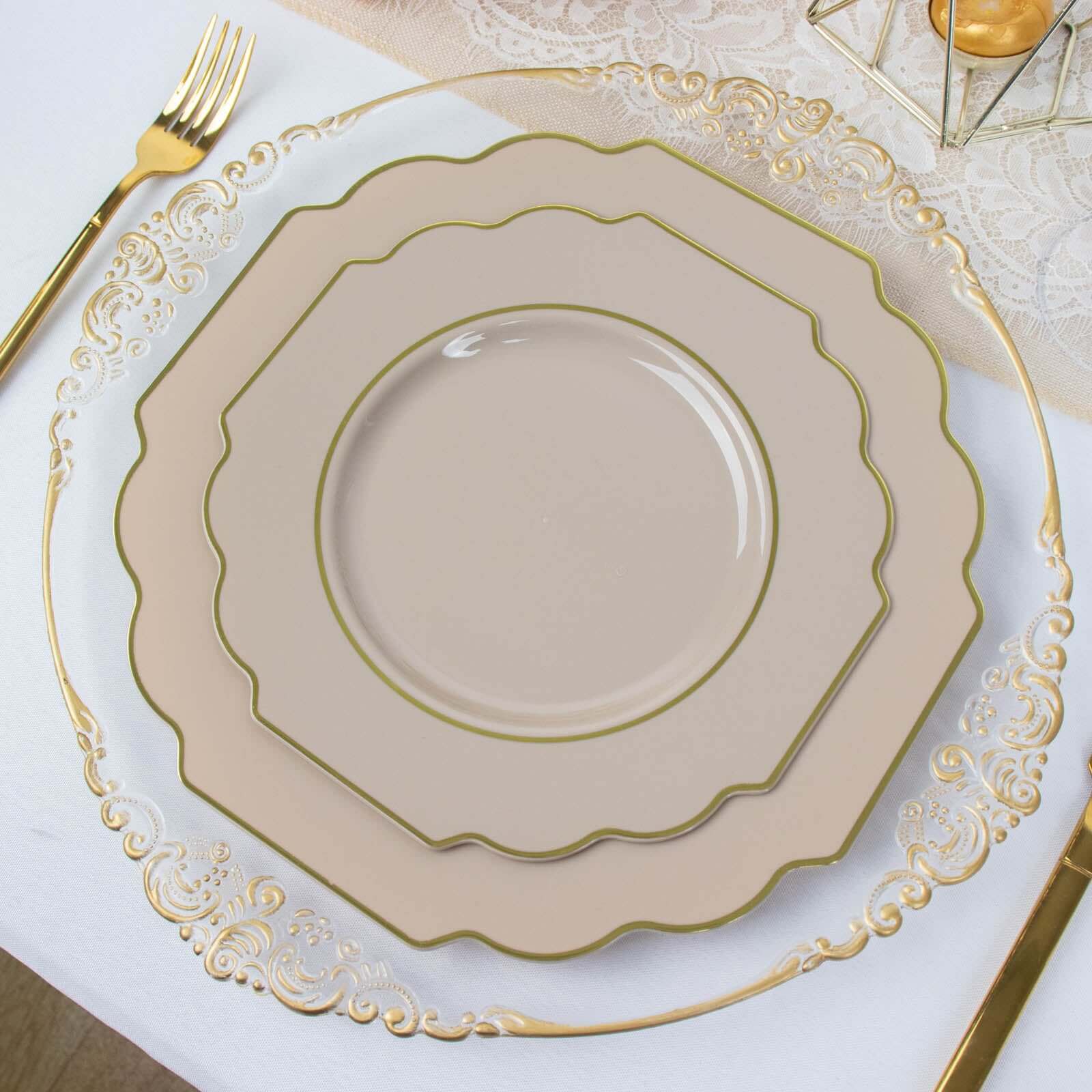 10-Pack Plastic Dinner Plates in Taupe Baroque Design with Scalloped Gold Rim - Heavy Duty Disposable Party Plates 11"