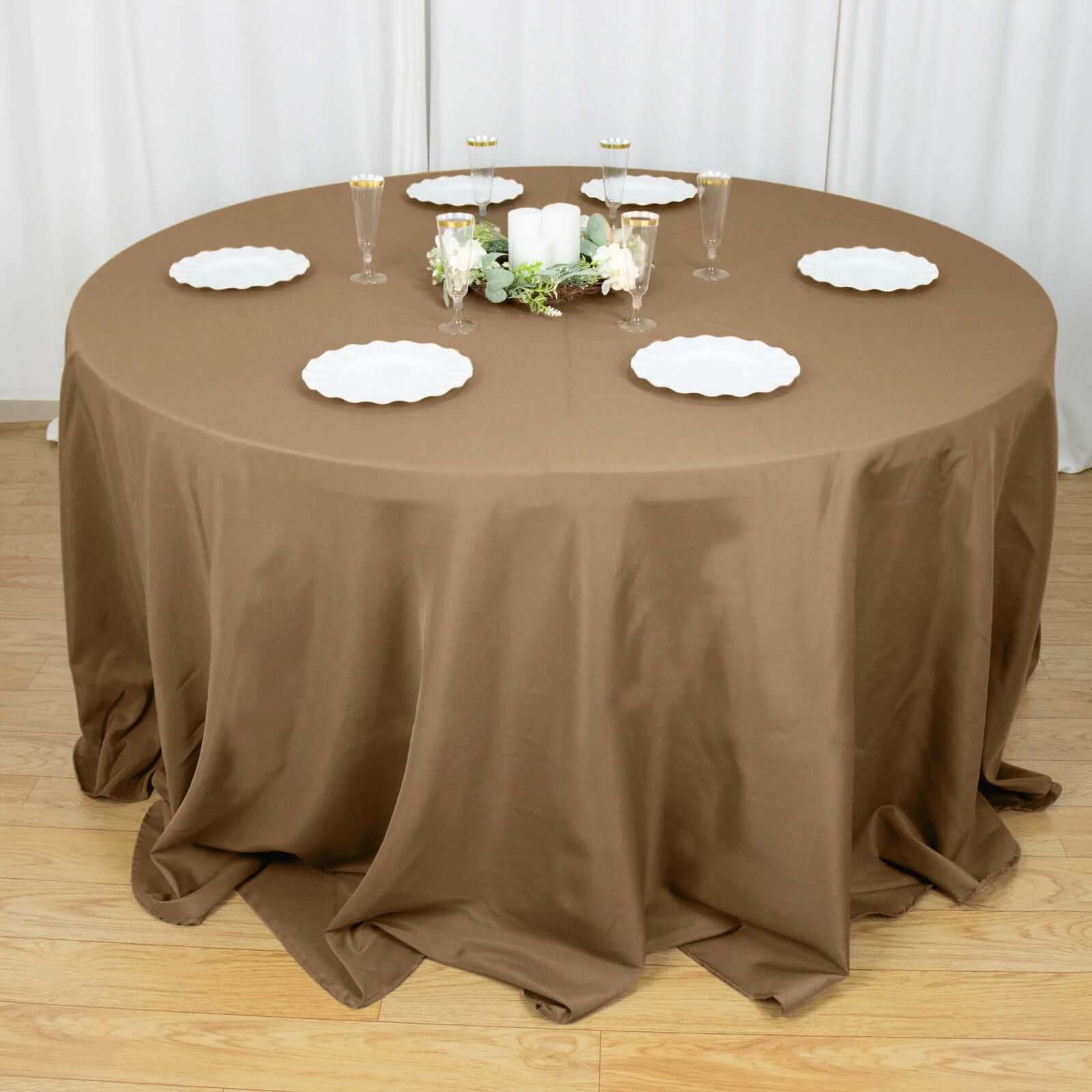 Polyester 132" Round Tablecloth Taupe - Seamless Chic Table Cover